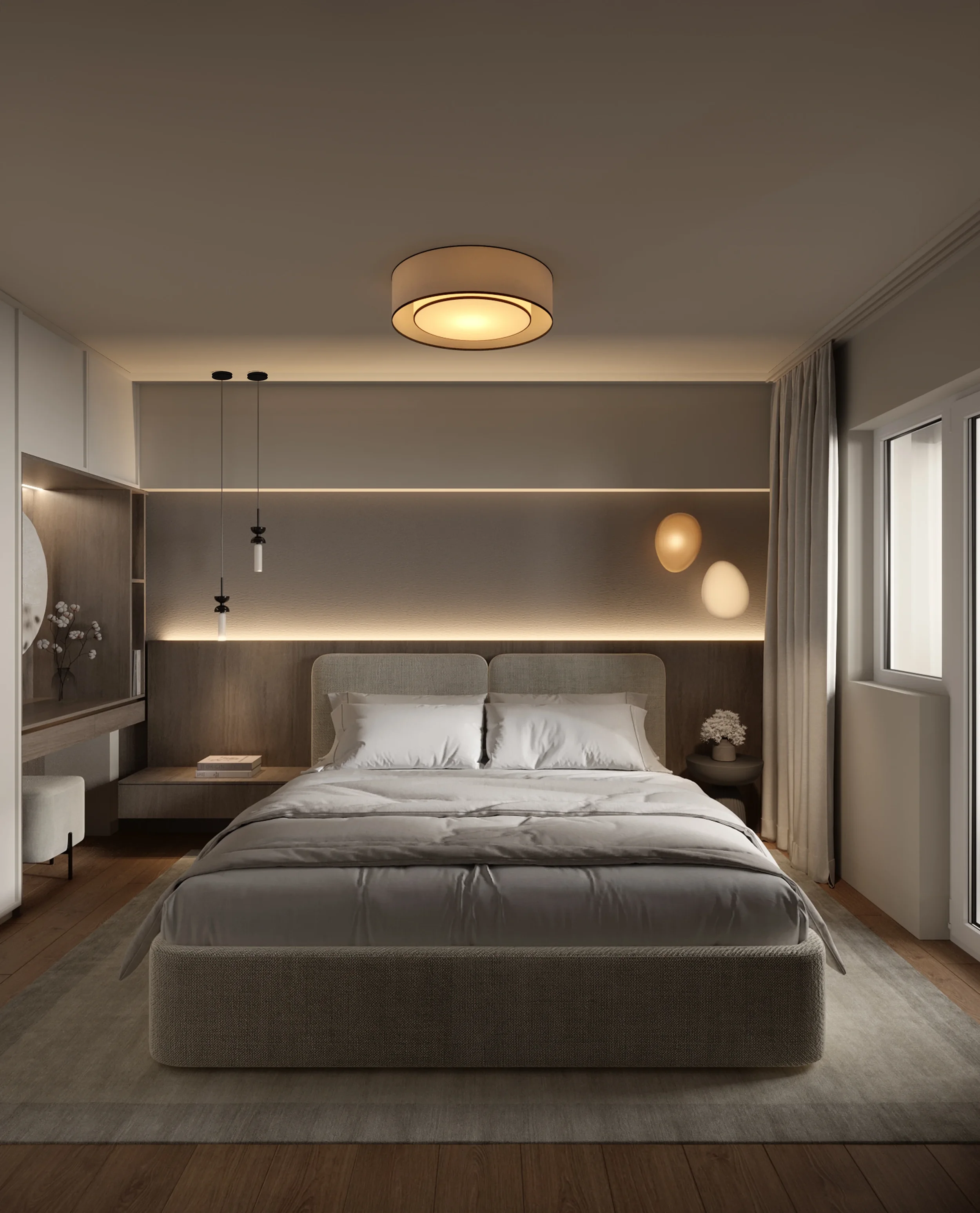 Design interior Cluj pentru dormitor modern cu iluminat ambiental și texturi neutre