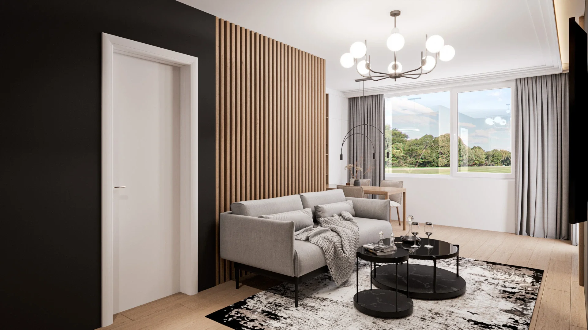 Design interior pentru apartament modern cu zonă de zi luminoasă și funcțională