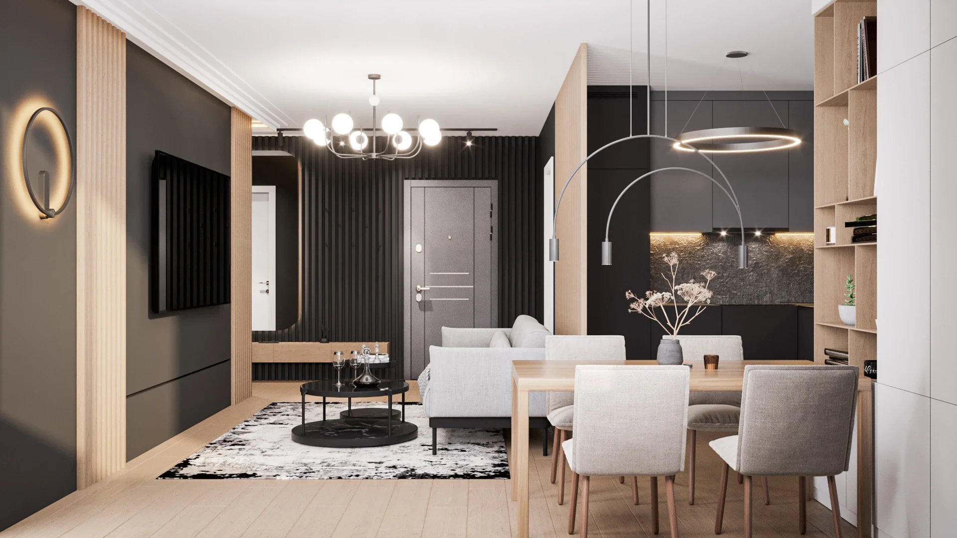 Living modern cu bucătărie integrată și materiale naturale elegante