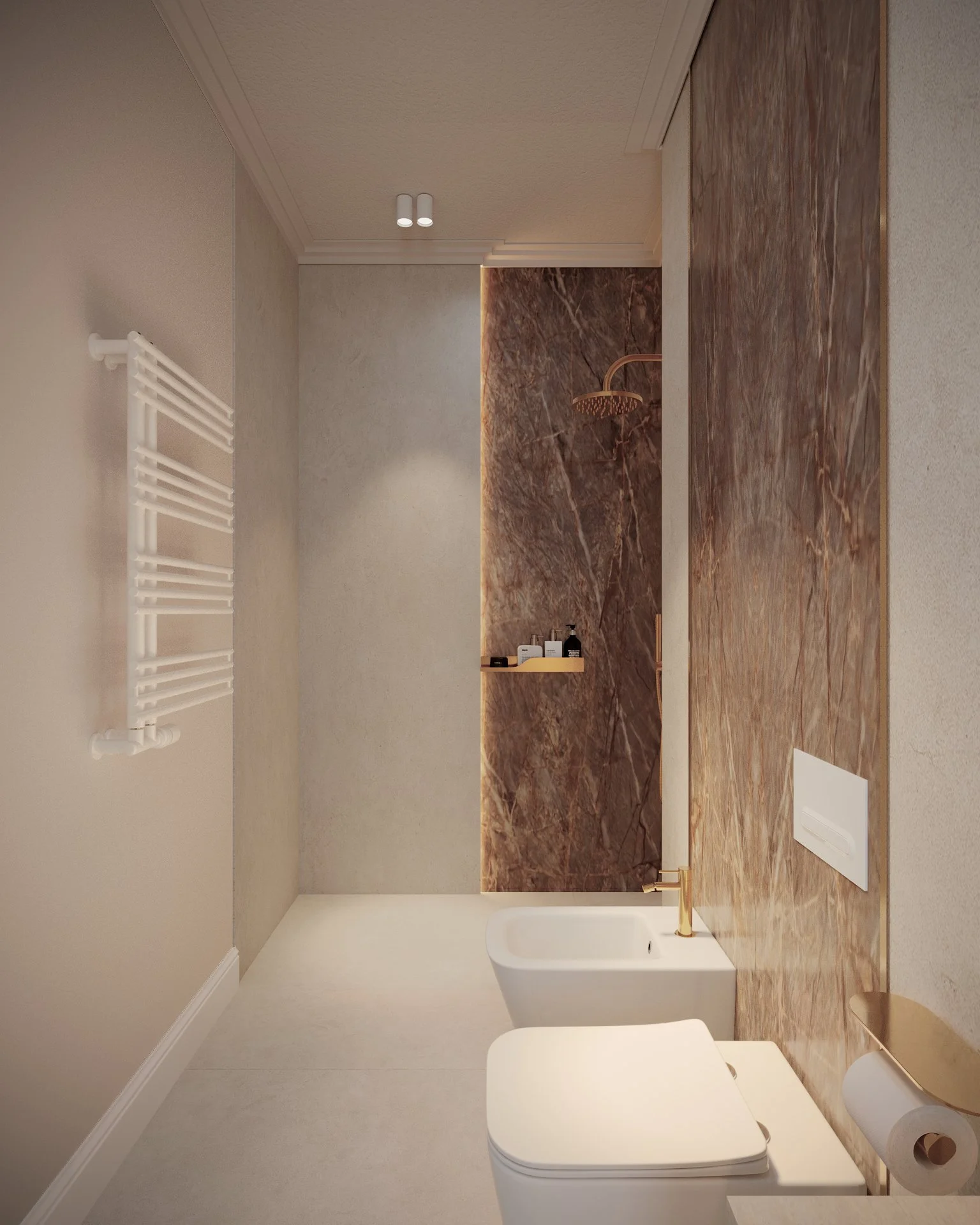 Baie master cu ceramica decorativ și iluminat indirect — Dej, ALTO Design
