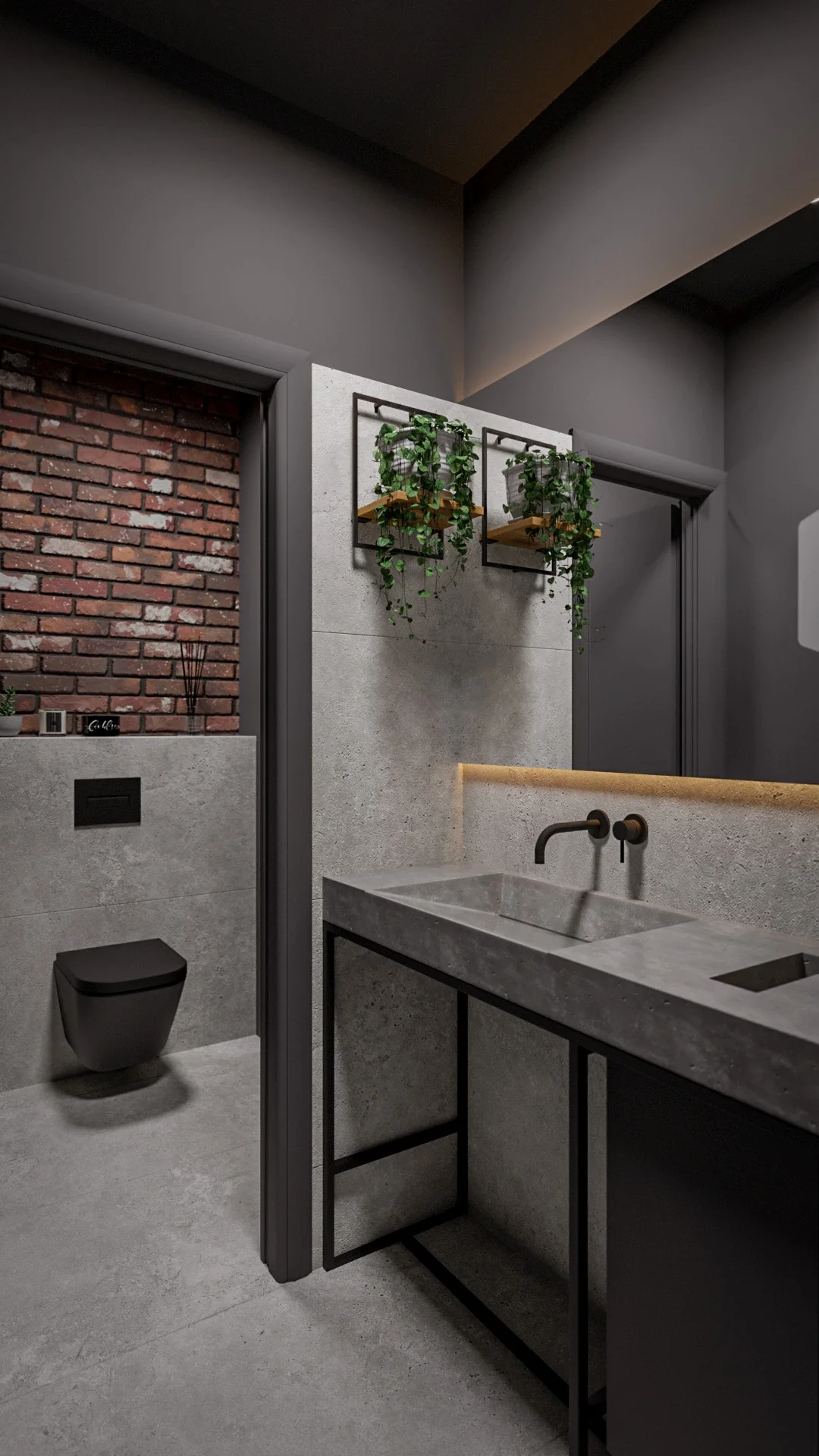 Design interior baie contemporană cu finisaje brute și atmosferă urbană elegantă