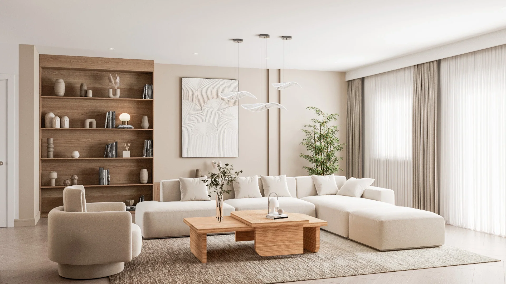 Living elegant cu texturi naturale, tonuri calde și atmosferă relaxată într-o vilă contemporană