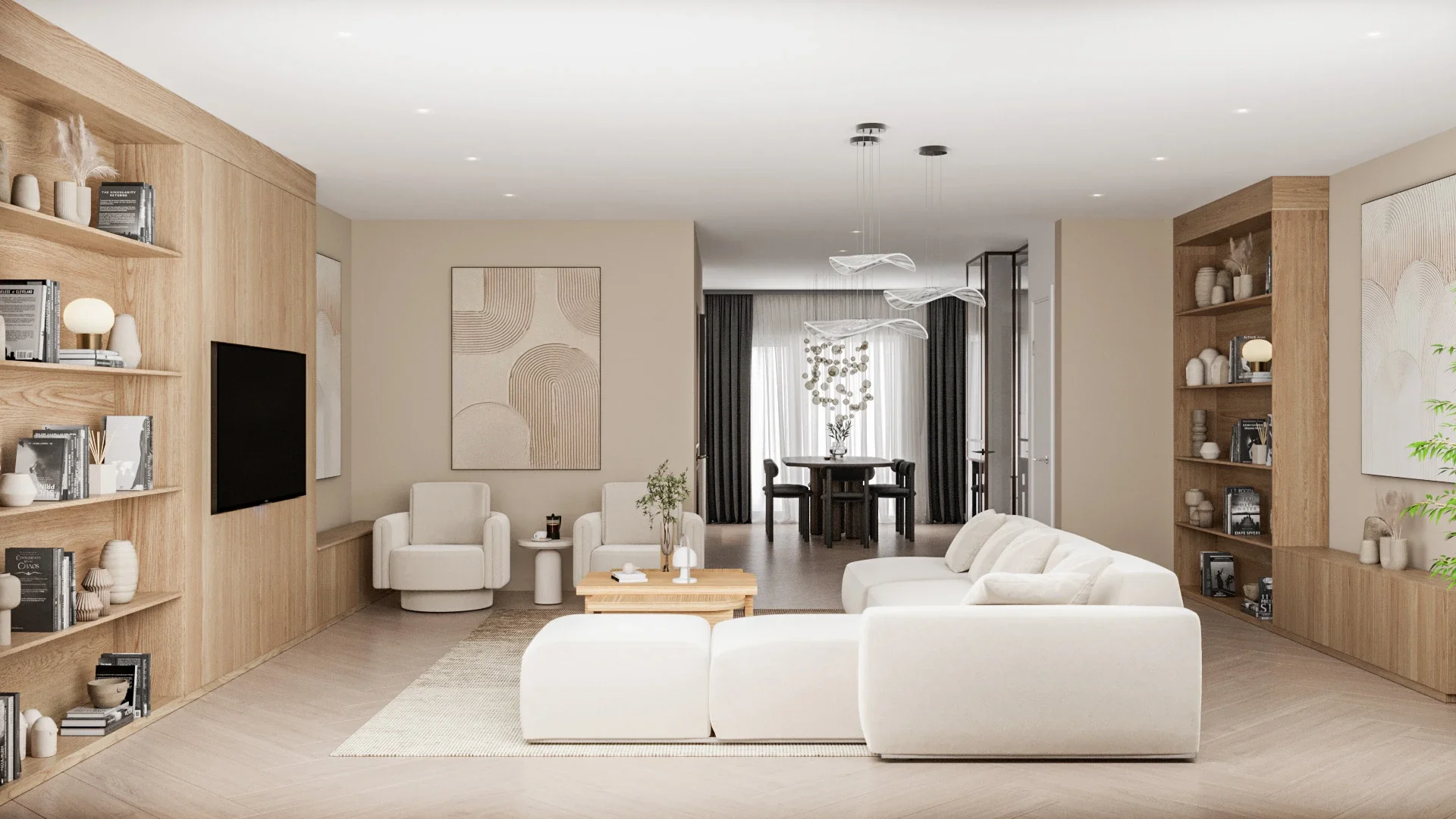 Amenajare living premium cu mobilier curbat și finisaje naturale — Vila U Utrecht