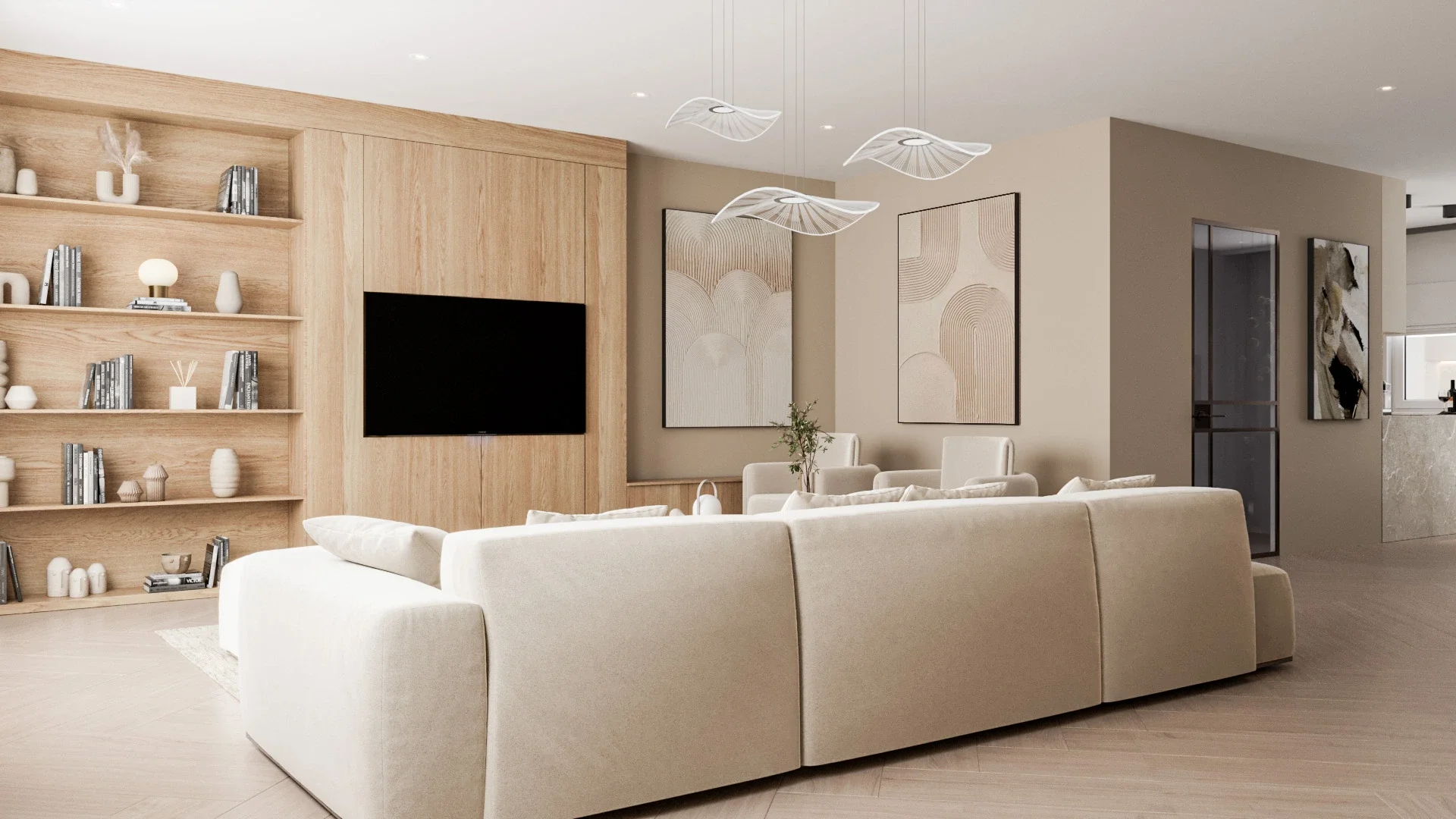 Design interior pentru living luminos cu accente din lemn natural și atmosferă calmă