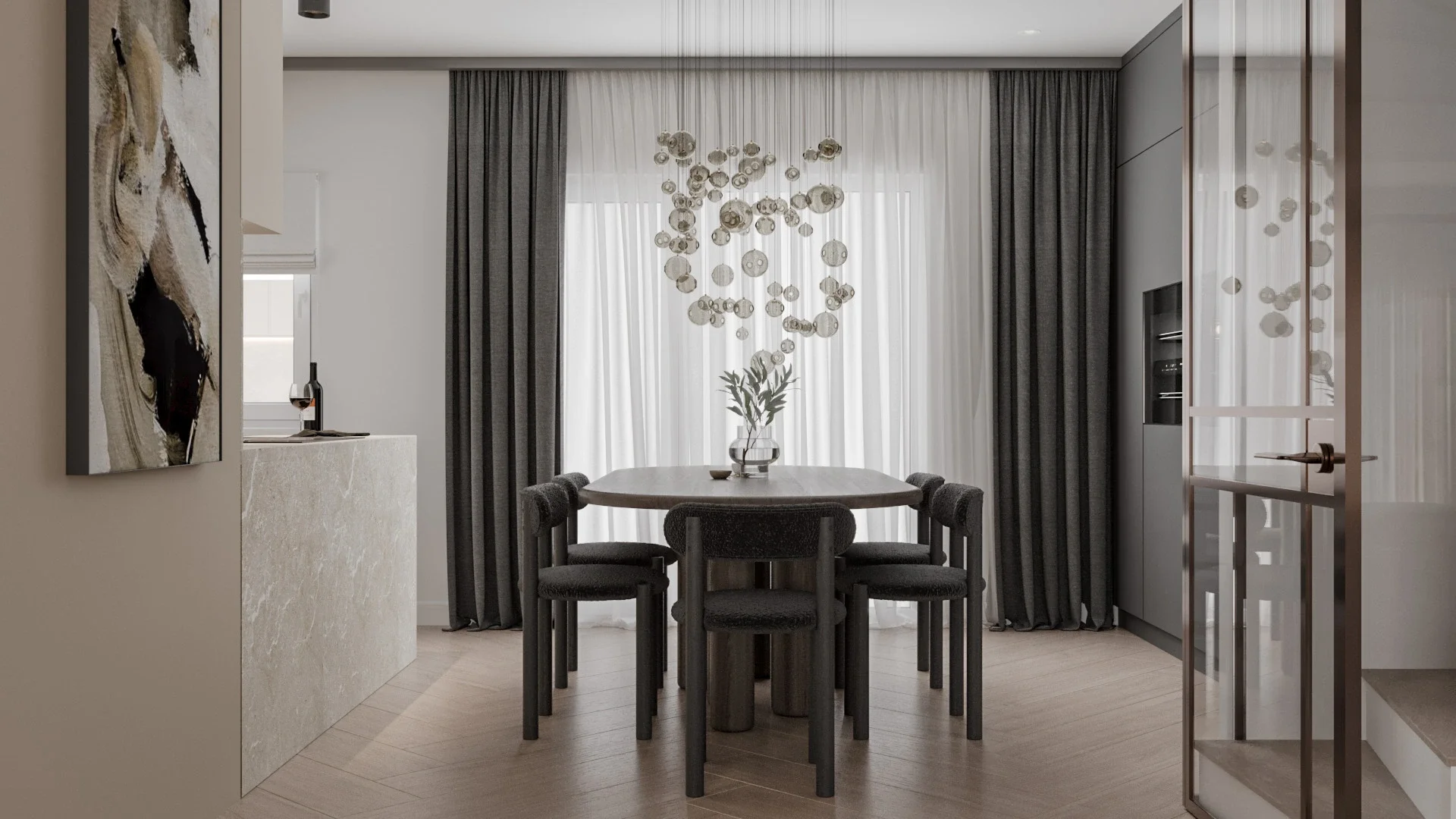 Design interior dining premium cu forme curbate și paletă cromatică neutră