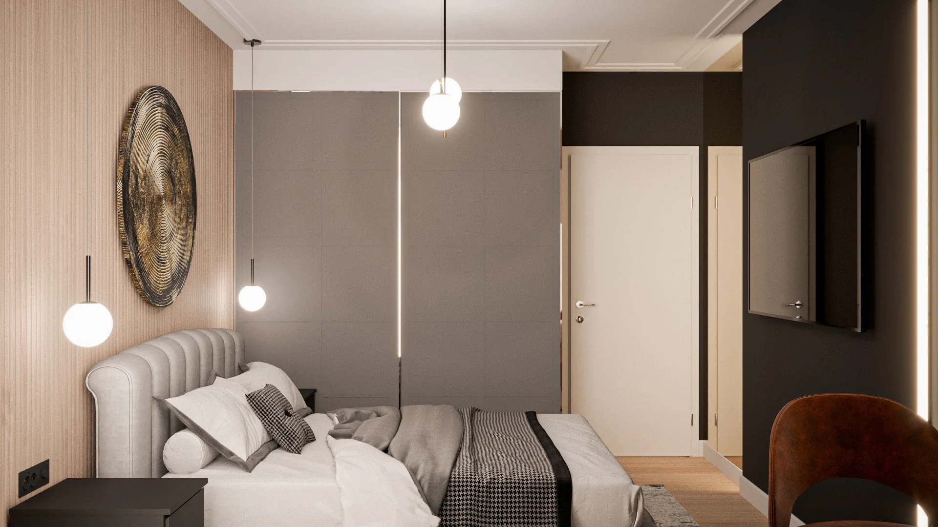 Amenajare interioară dormitor cu tonuri neutre și design contemporan echilibrat