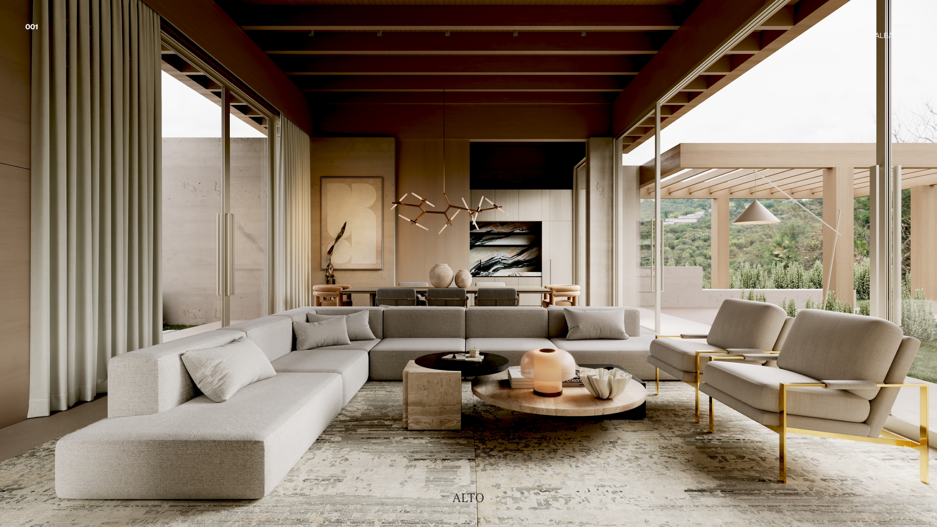 Modern living room with beige sectional sofa, armchairs, and coffee table, overlooking an outdoor patio with wooden pergola and greenery.