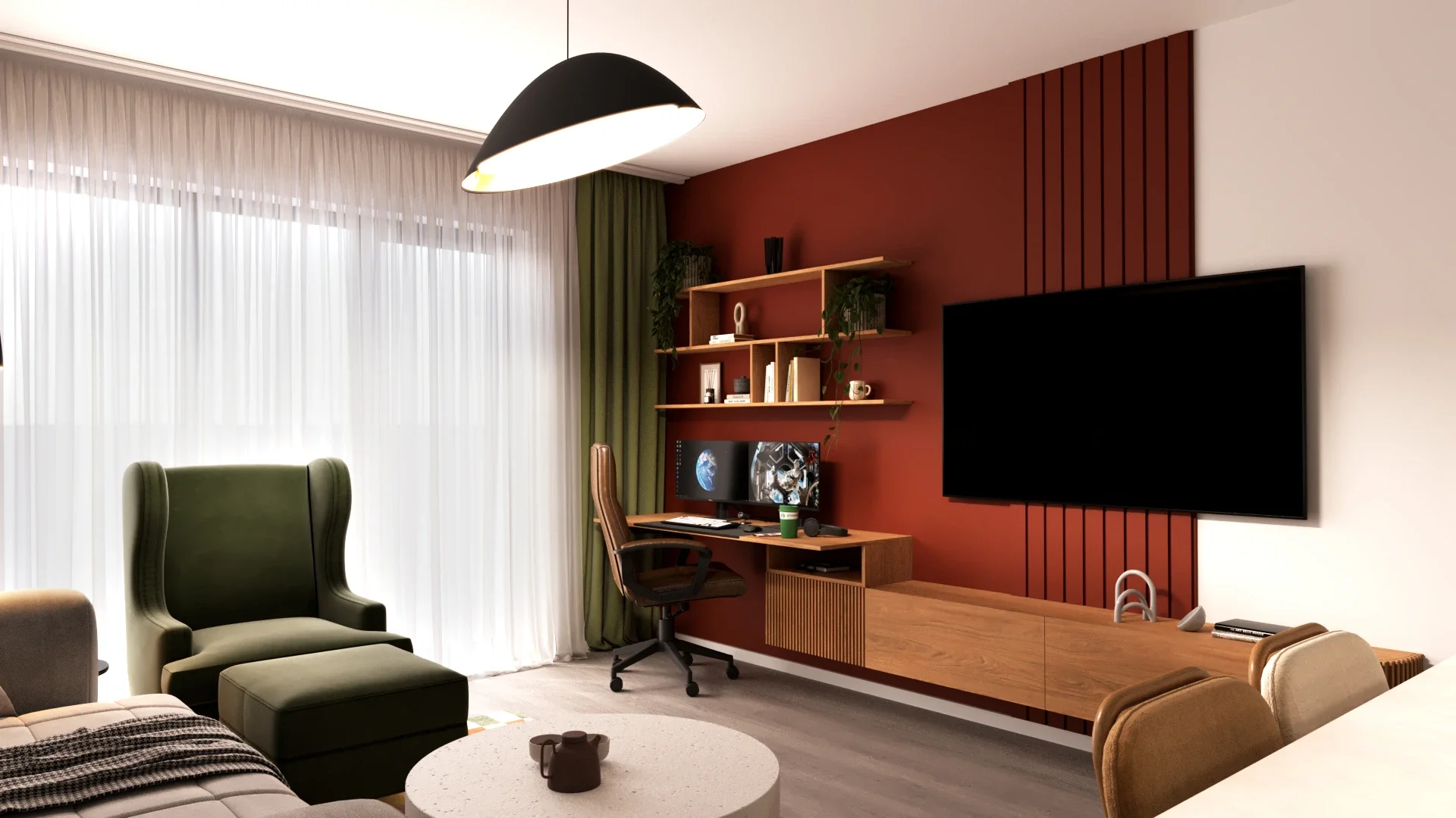 Living contemporan cu finisaje naturale și atmosferă confortabilă urbană