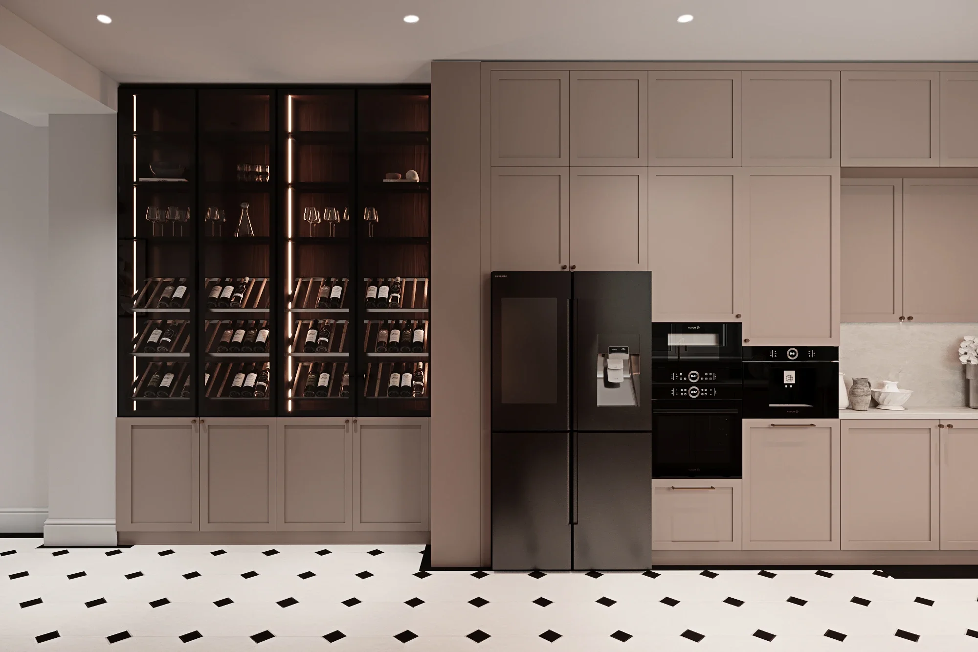 Bucătărie neoclasică cu mobilier în tonuri calde și electrocasnice integrate — Casa D.G. by ALTO Design