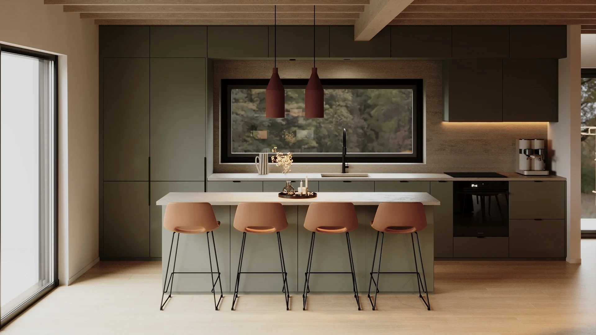 Design Interior Bucătărie open-space cu insulă și structură CLT aparentă — Casa P. by ALTO Design