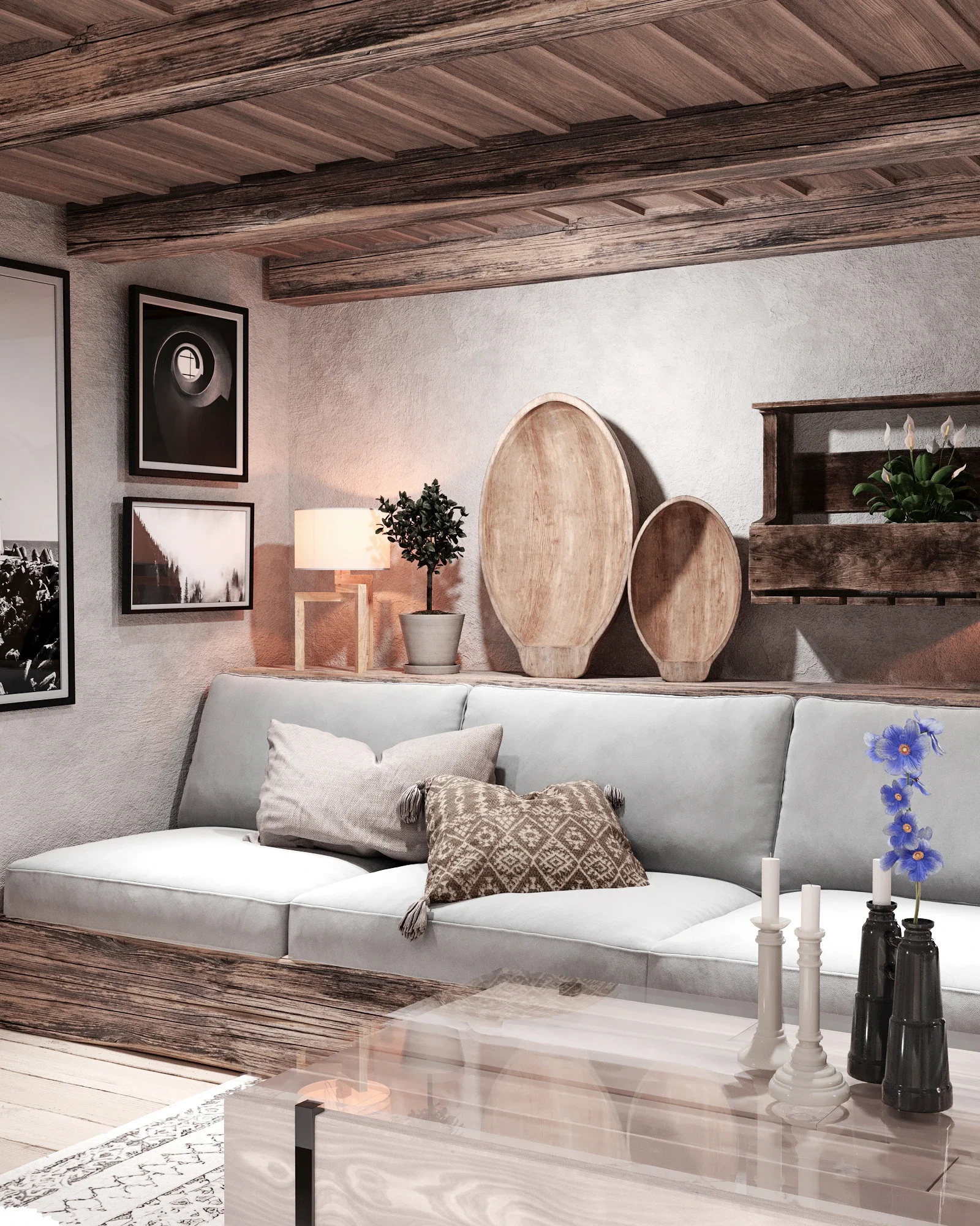 Design interior living rustic pentru casă maramureșeană restaurată în Cluj, cu grinzi din lemn masiv și atmosferă autentică