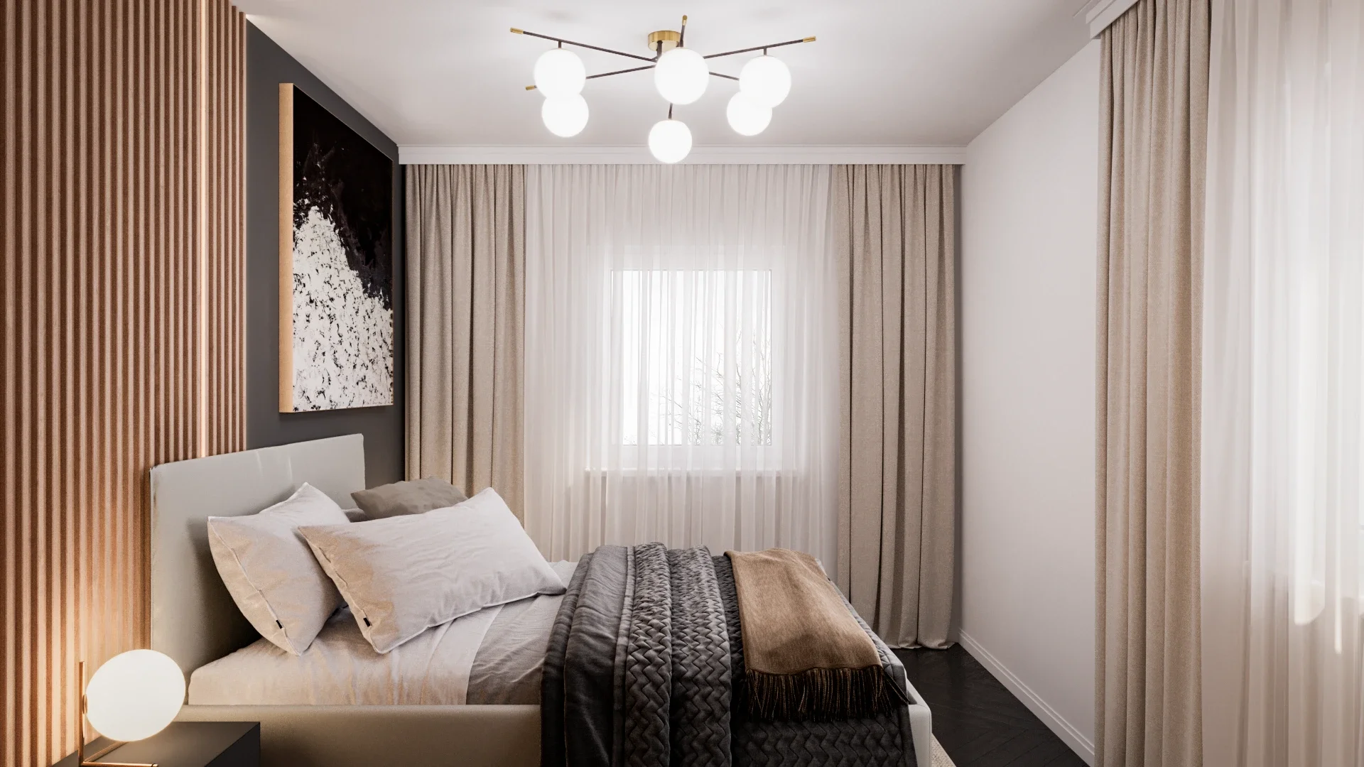 Design interior dormitor cu forme fluide și paletă cromatică neutră și elegantă