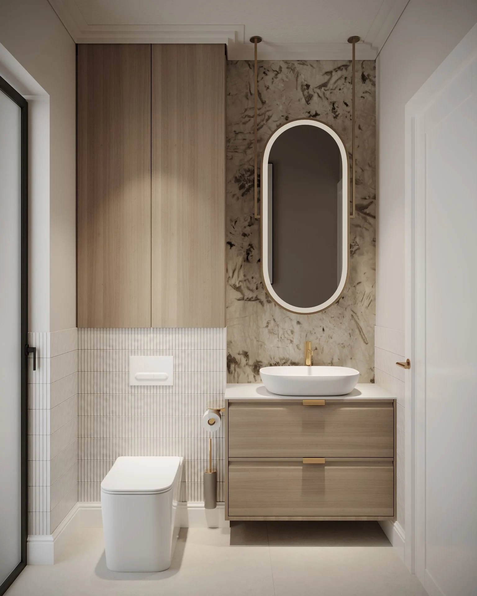 Baie secundară detaliu cu oglindă ovală și iluminat — casă 150mp Dej, ALTO Design
