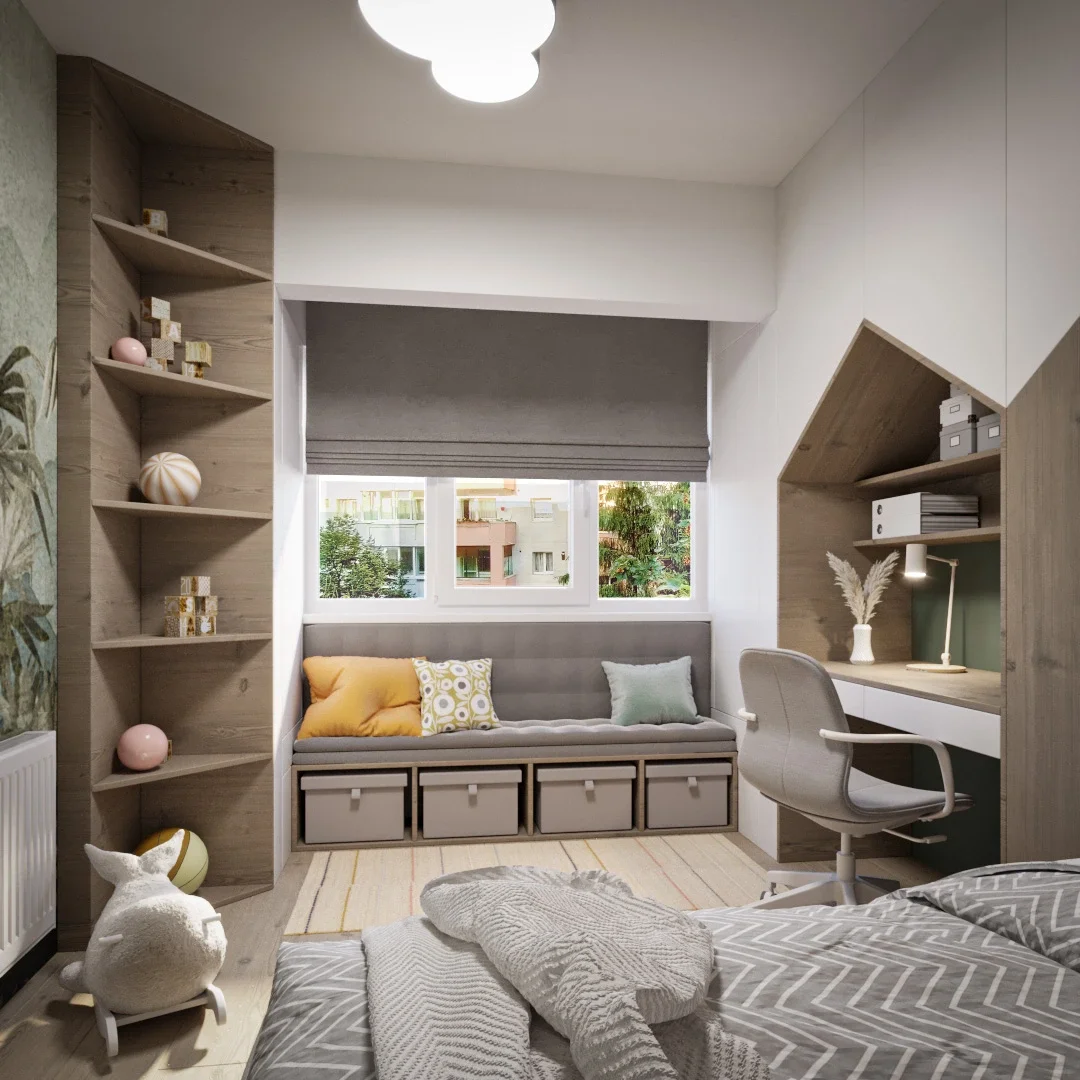 Cameră băiat cu design modern și atmosferă caldă și practică