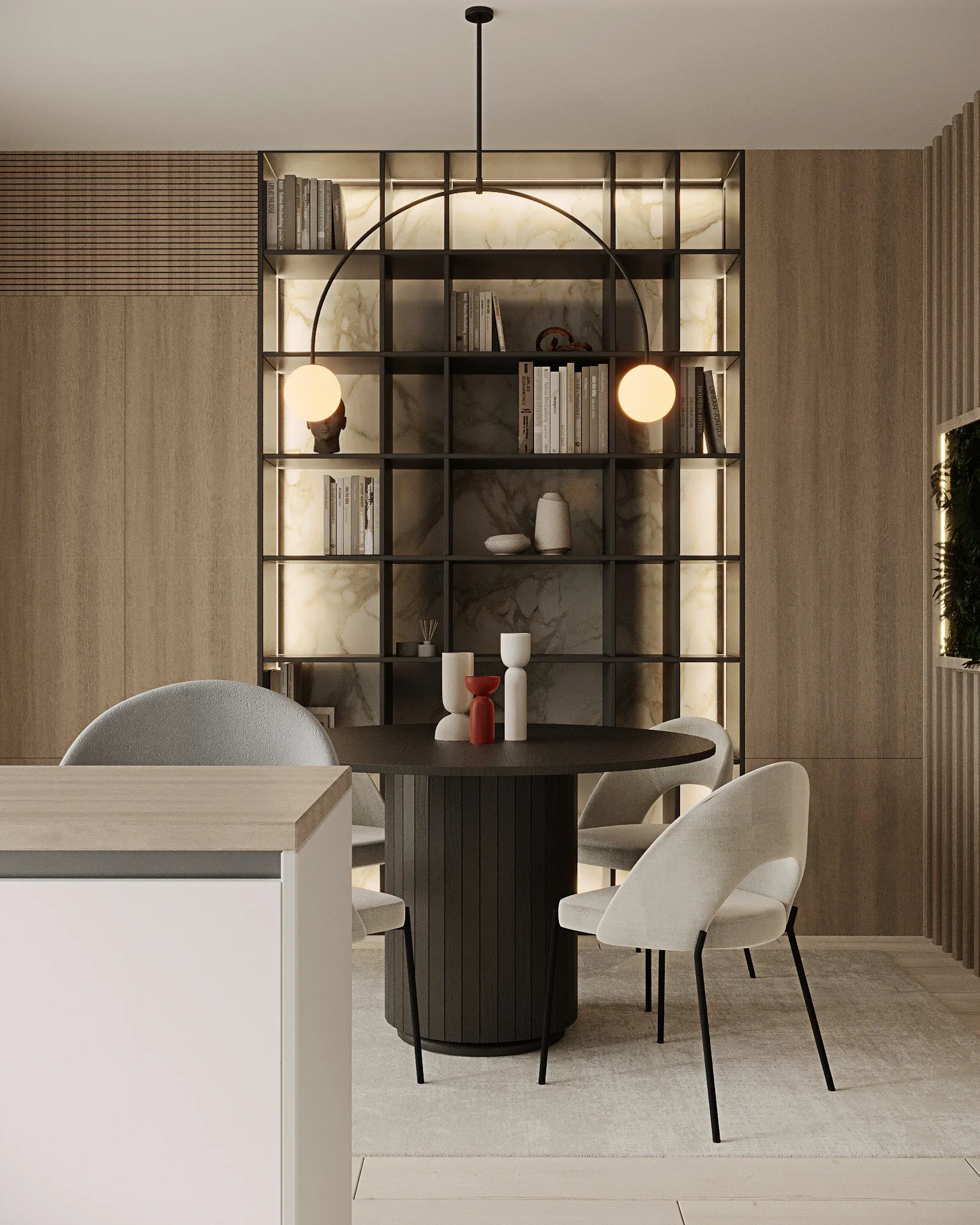 Zonă de dining cu masă rotundă și scaune tapițate într-un apartament contemporan din Cluj-Napoca