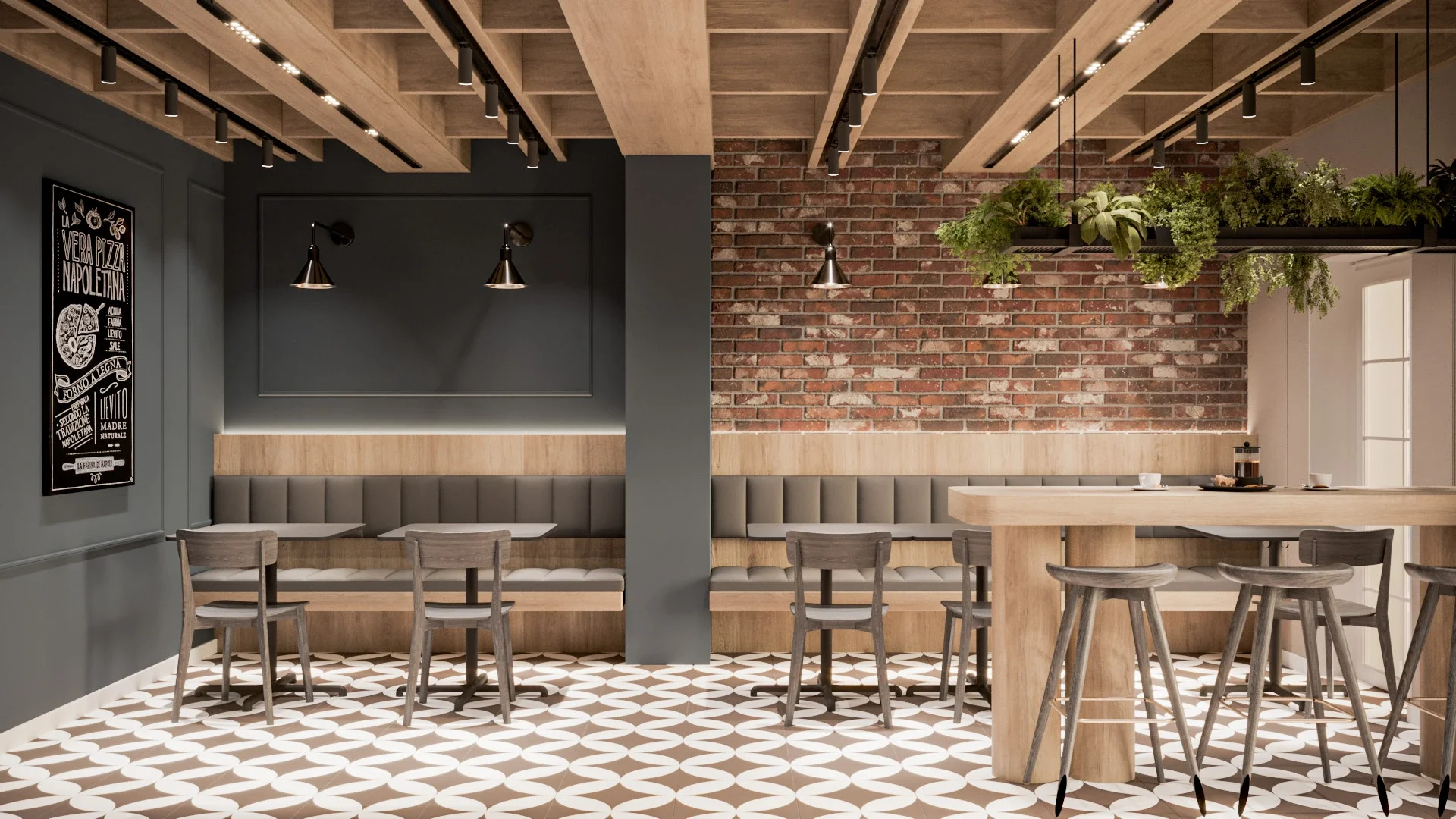 Design interior premium pentru restaurant pizza & pasta cu texturi naturale și tonuri calde