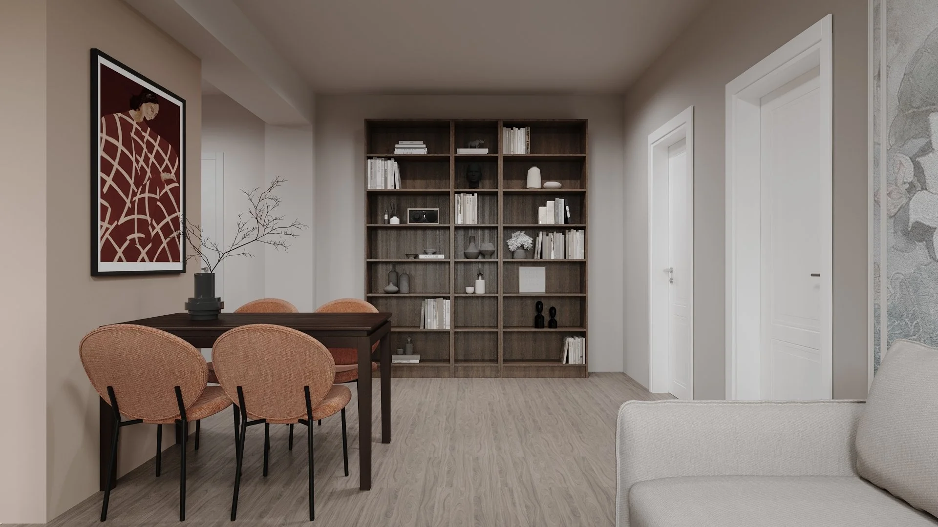 Living contemporan cu paletă cromatică calmă și accente din lemn natural — proiect ALTO Design Cluj-Napoca