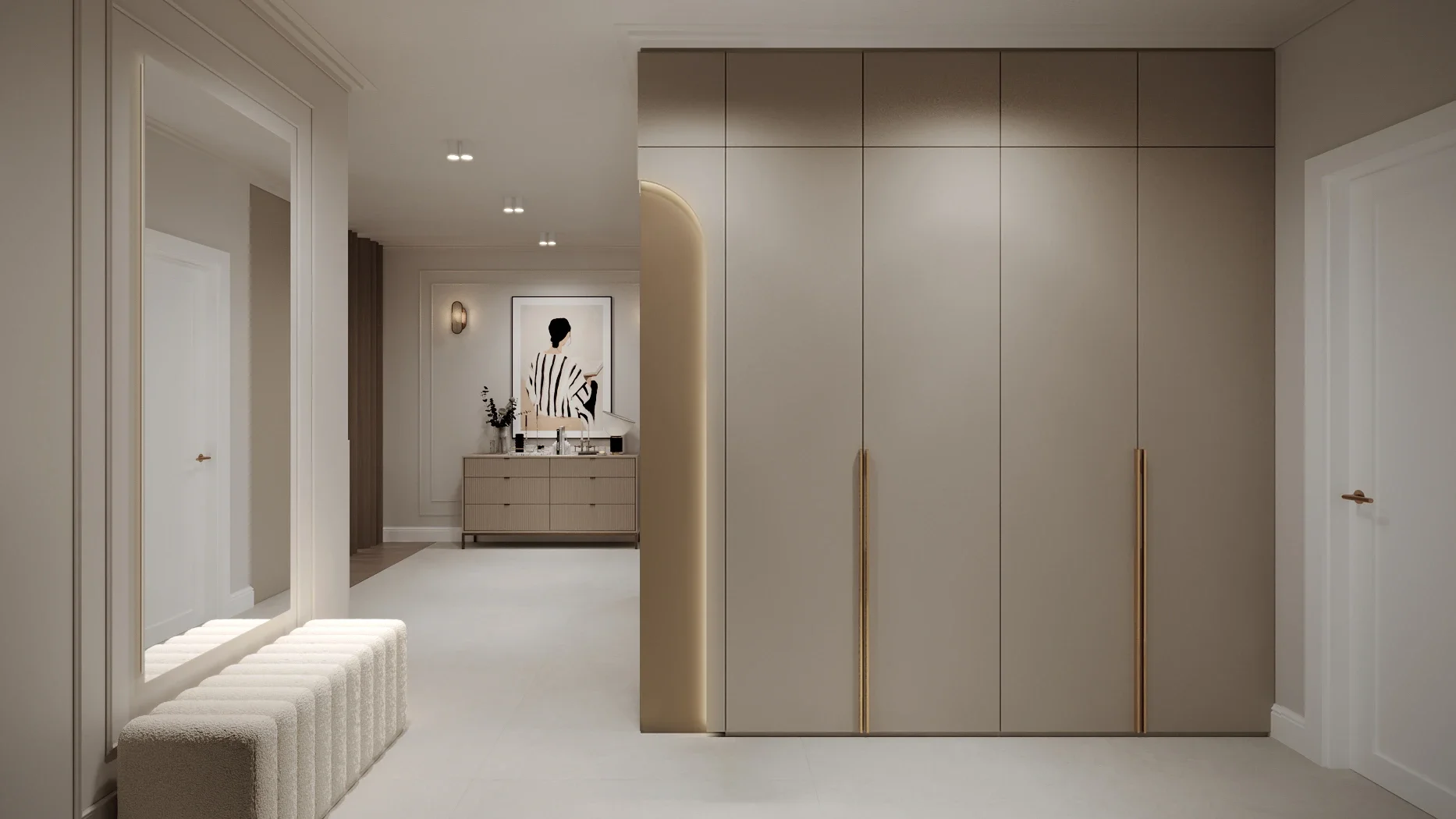 Hol contemporan cu uși înalte și dressing integrat — proiect realizat de designeri de interior Cluj