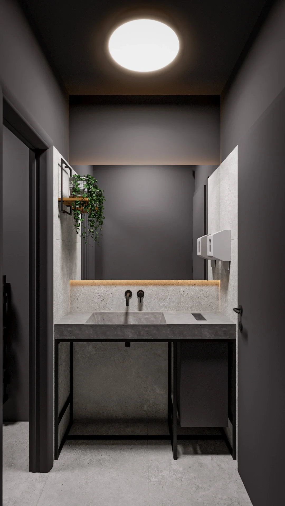 Baie industrială modernă cu beton aparent și accente din cărămidă decorativă