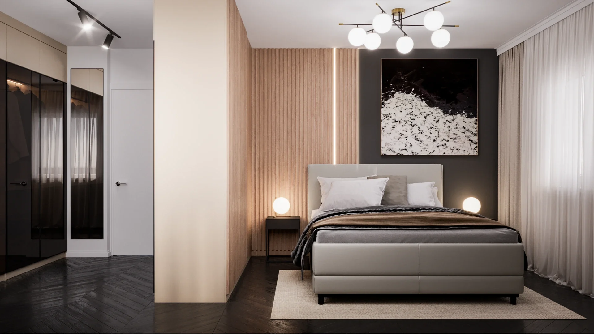 Design interior dormitor modern cu linii organice și iluminat ambiental discret