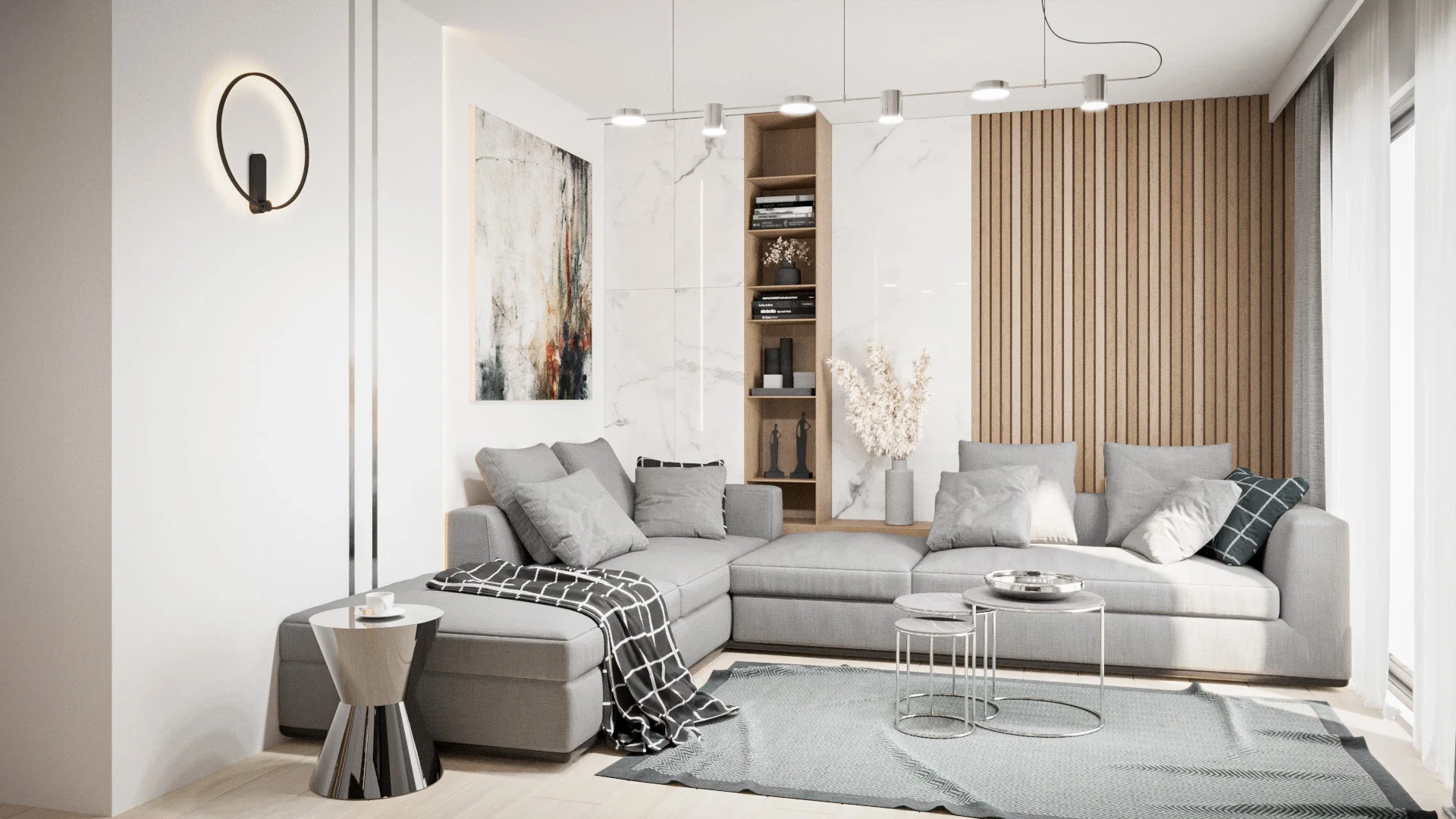 Amenajare living minimalistă cu texturi naturale și mobilier contemporan