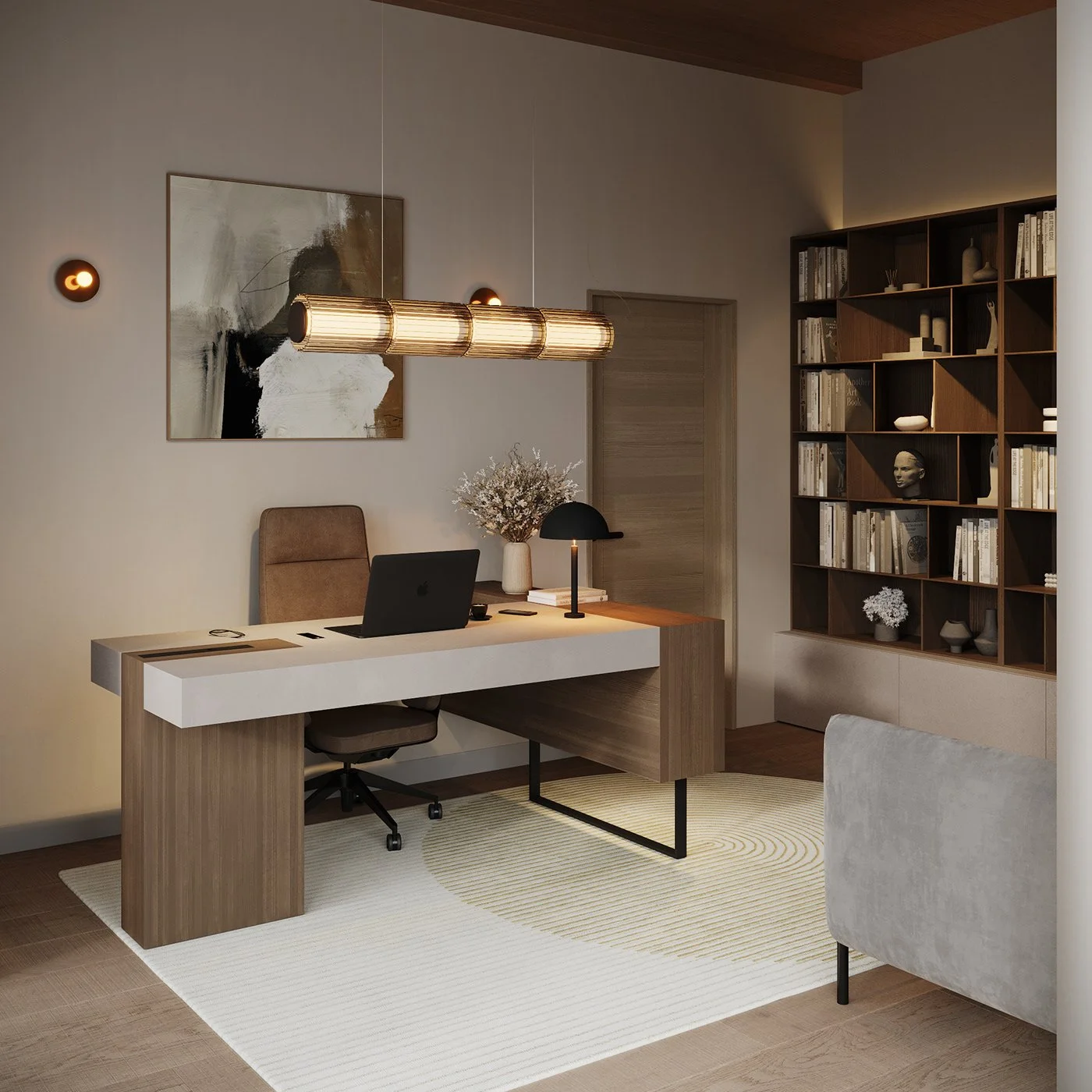 Detaliu birou cu lemn si accente de piatra si negru — Birou AB Alba
Iulia — ALTO Design