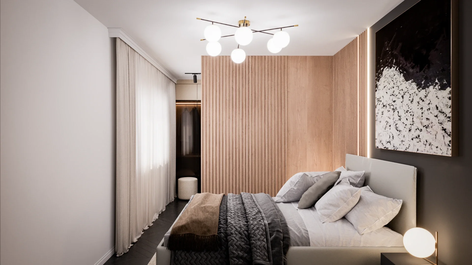 Design interior pentru dormitor cu atmosferă calmă și confort sofisticat