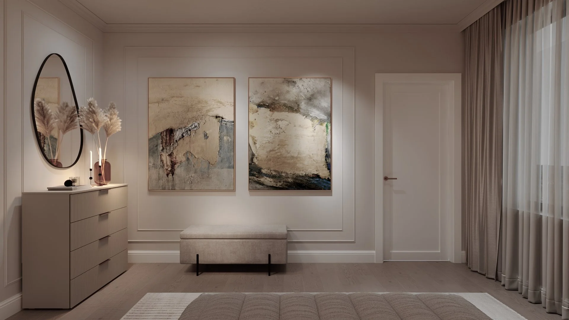 Dormitor detaliu cu comodă și tablouri perete — casă Dej, ALTO Design