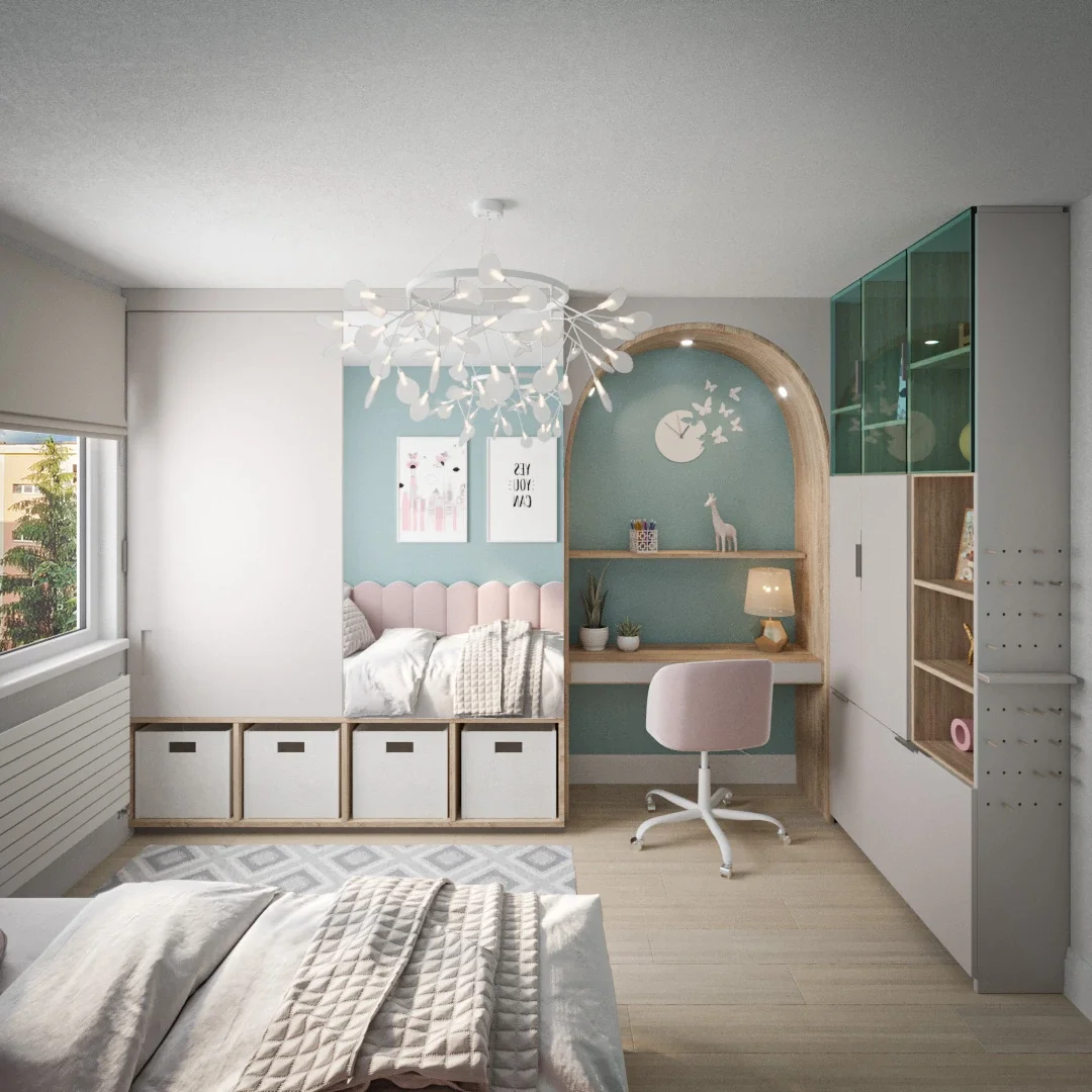 Dormitor contemporan cu tonuri pastel și atmosferă relaxată și caldă