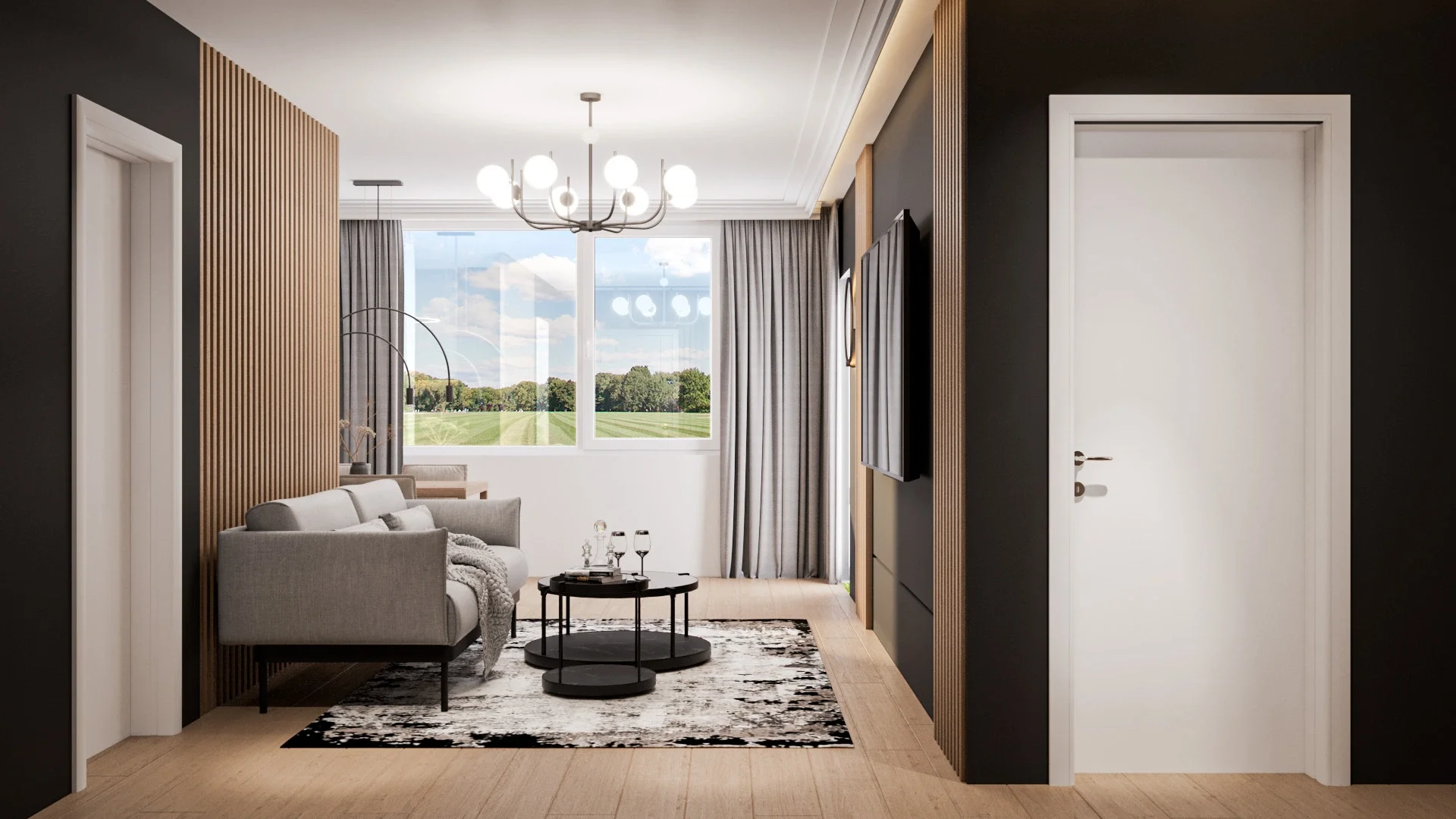 Open-space contemporan cu mobilier minimalist și lumină naturală amplă