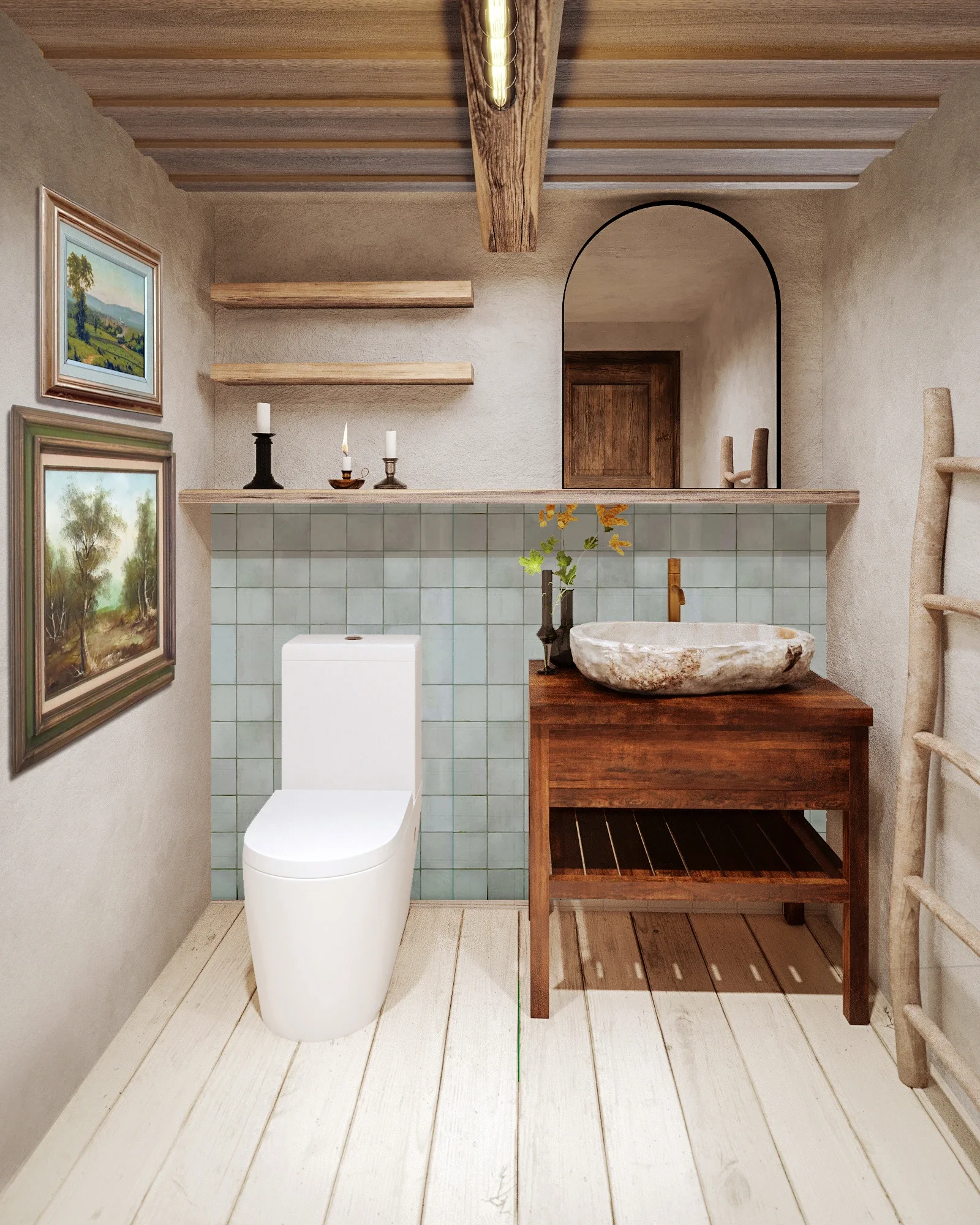 Desgin interior Baie rustică modernă cu mobilier din lemn și lavoar din piatră într-o casă tradițională restaurată