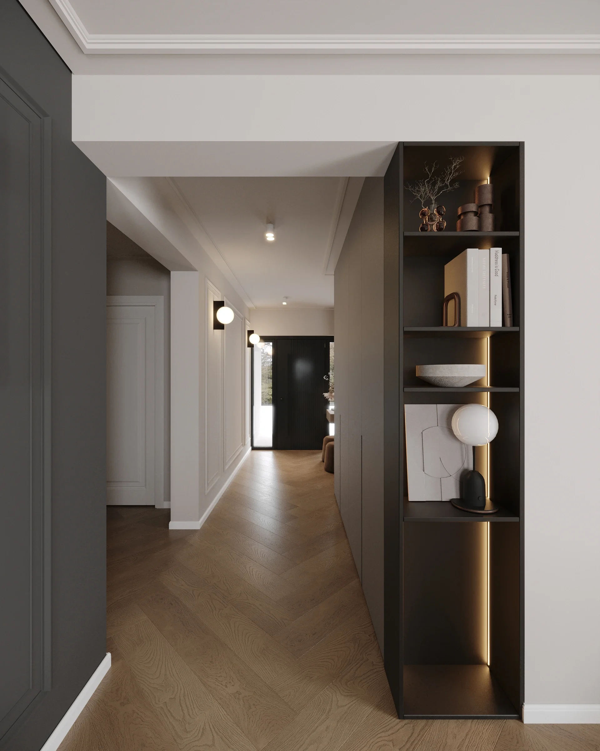 Design interior Cluj pentru hol modern cu dressing și iluminat circular decorativ