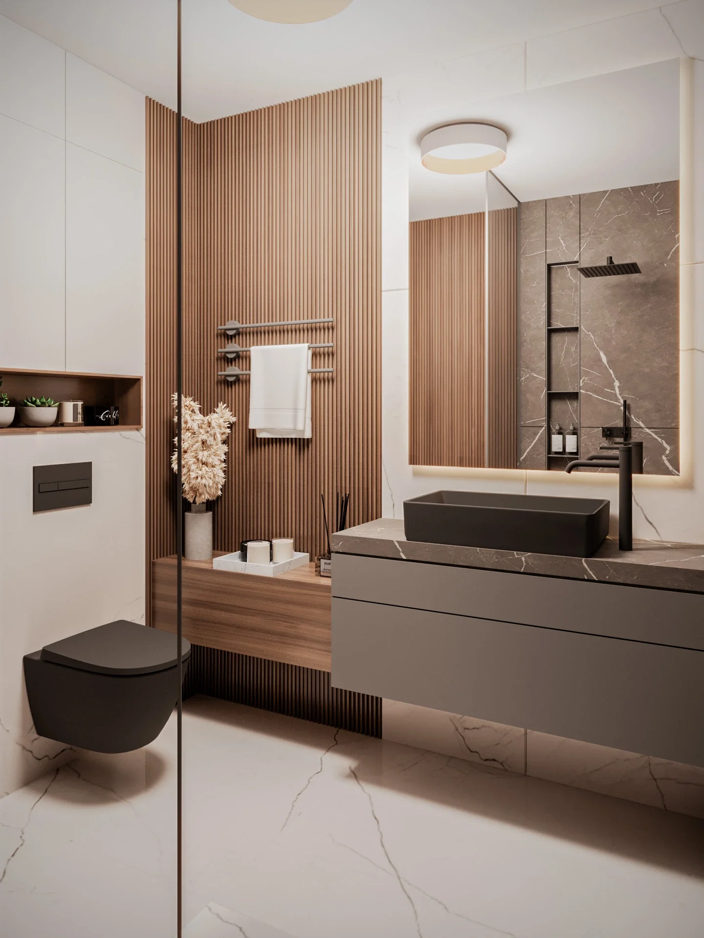 Interior baie modernă cu design minimalist și atmosferă relaxantă — Apartament Plopilor