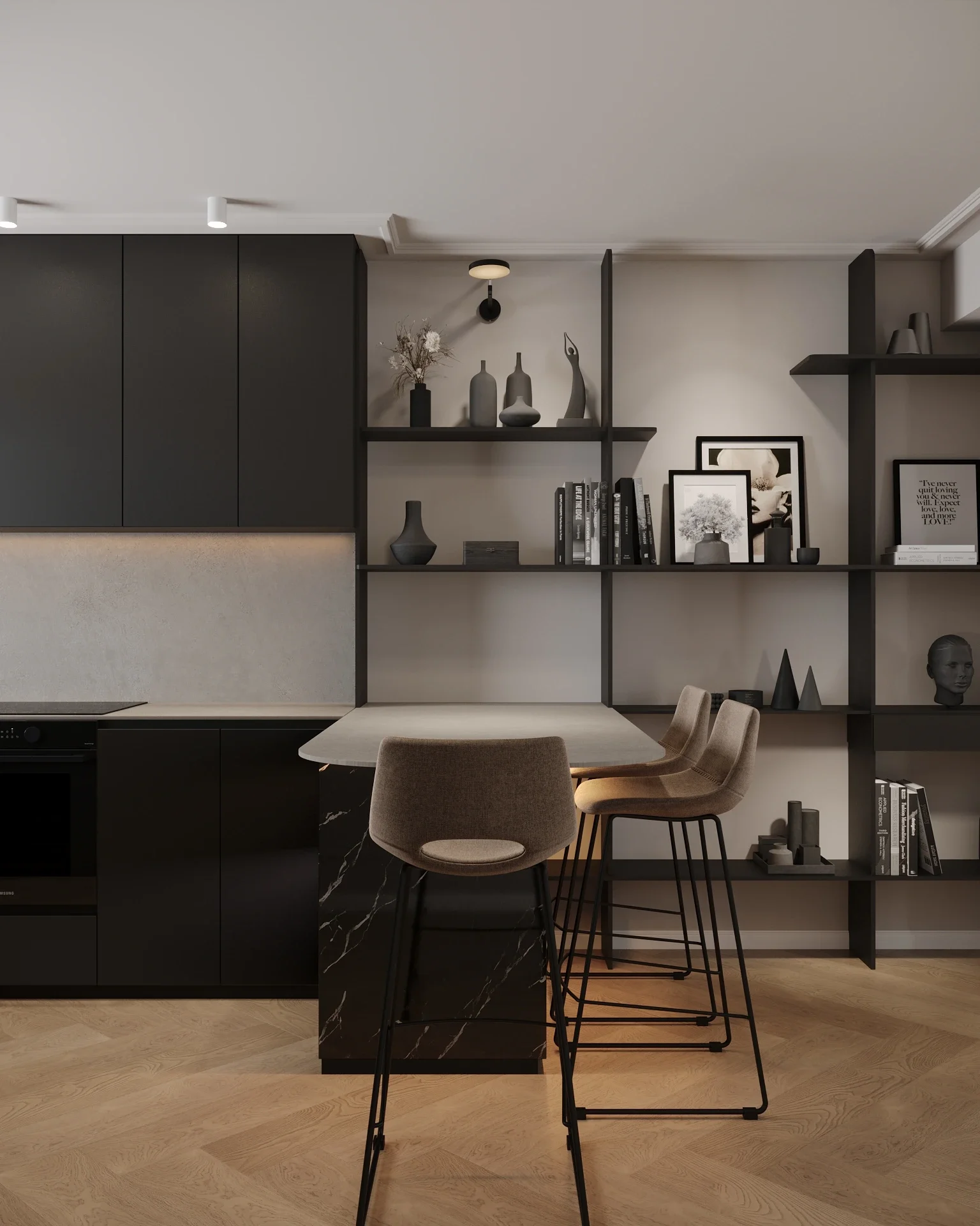 Bucătărie modernă cu fronturi închise și iluminat pendant — proiect realizat de designeri de interior Cluj