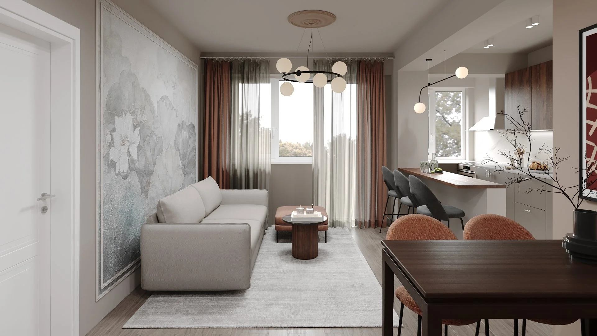 Design interior Cluj pentru living minimalist cu tapet artistic și texturi naturale — Apartament S.M. by ALTO Design