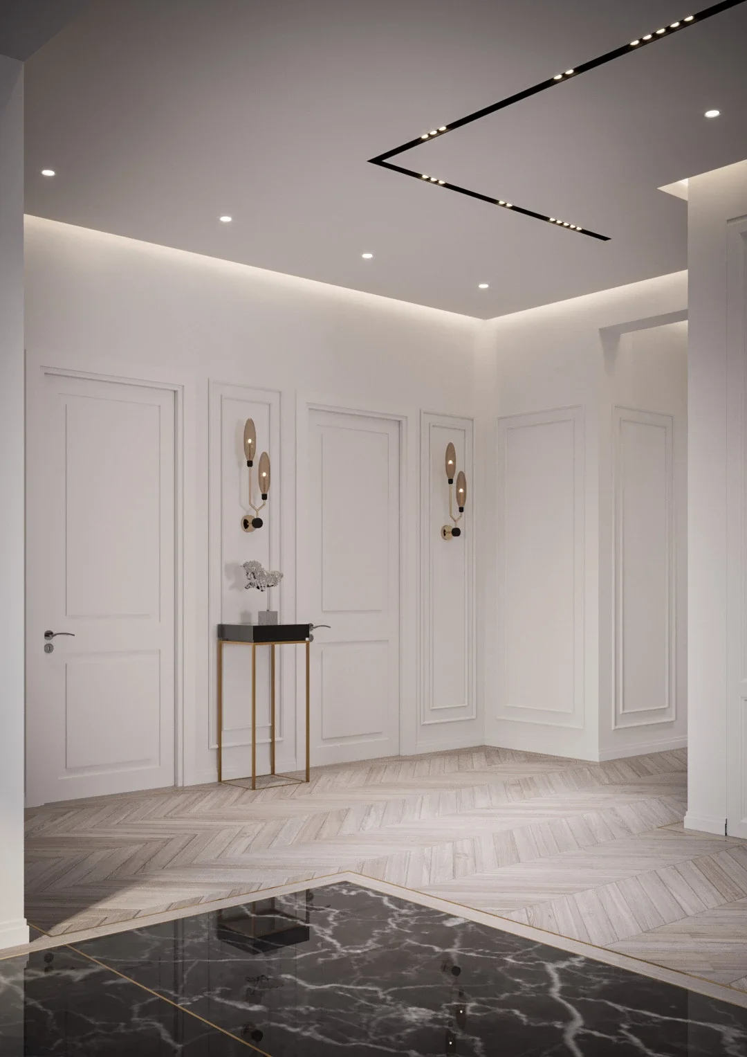 Design interior hol neoclasic cu iluminat liniar și finisaje minimaliste — Casa S.P.