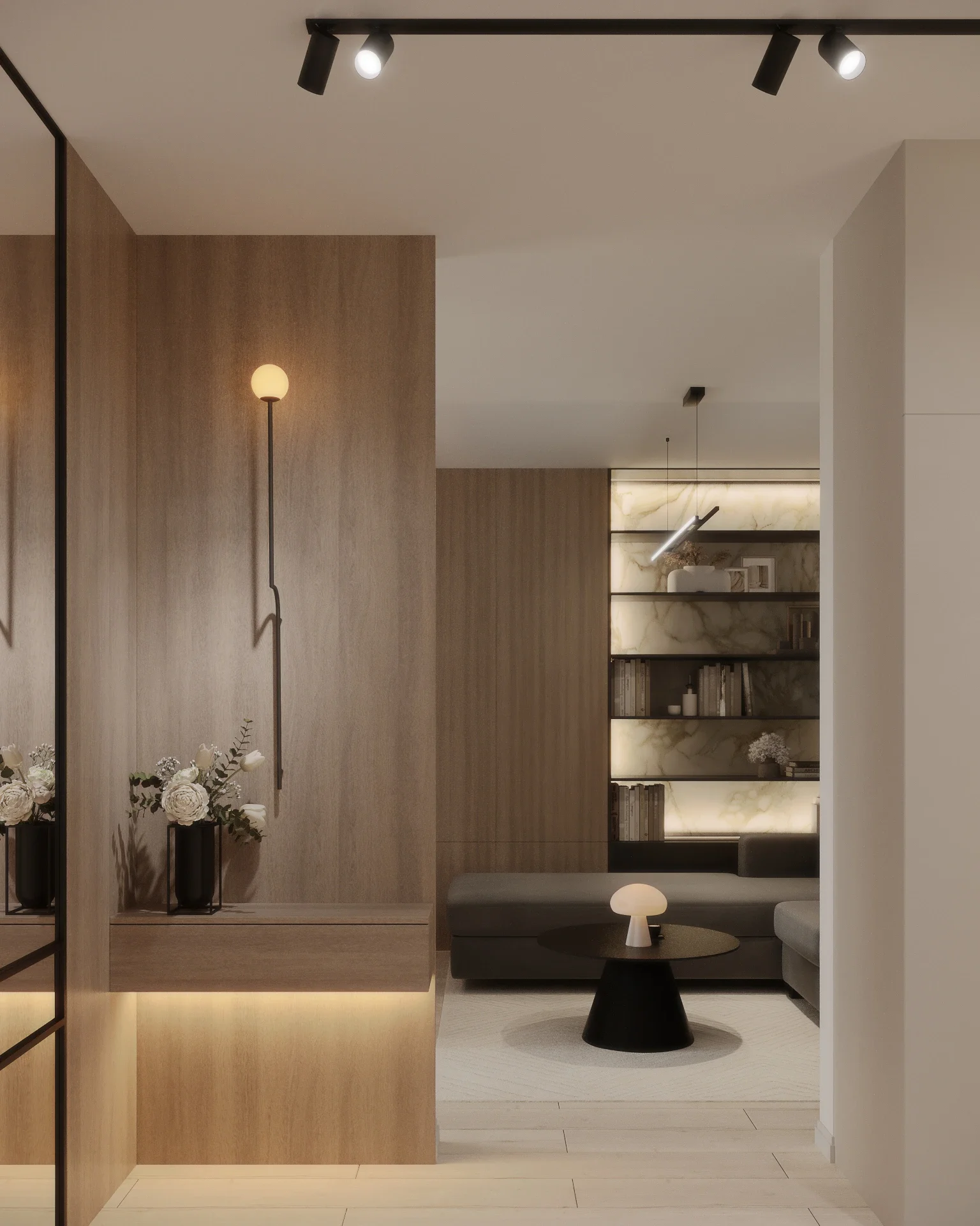 Living cu mobilier integrat și texturi naturale din lemn într-un proiect realizat de designeri de interior Cluj