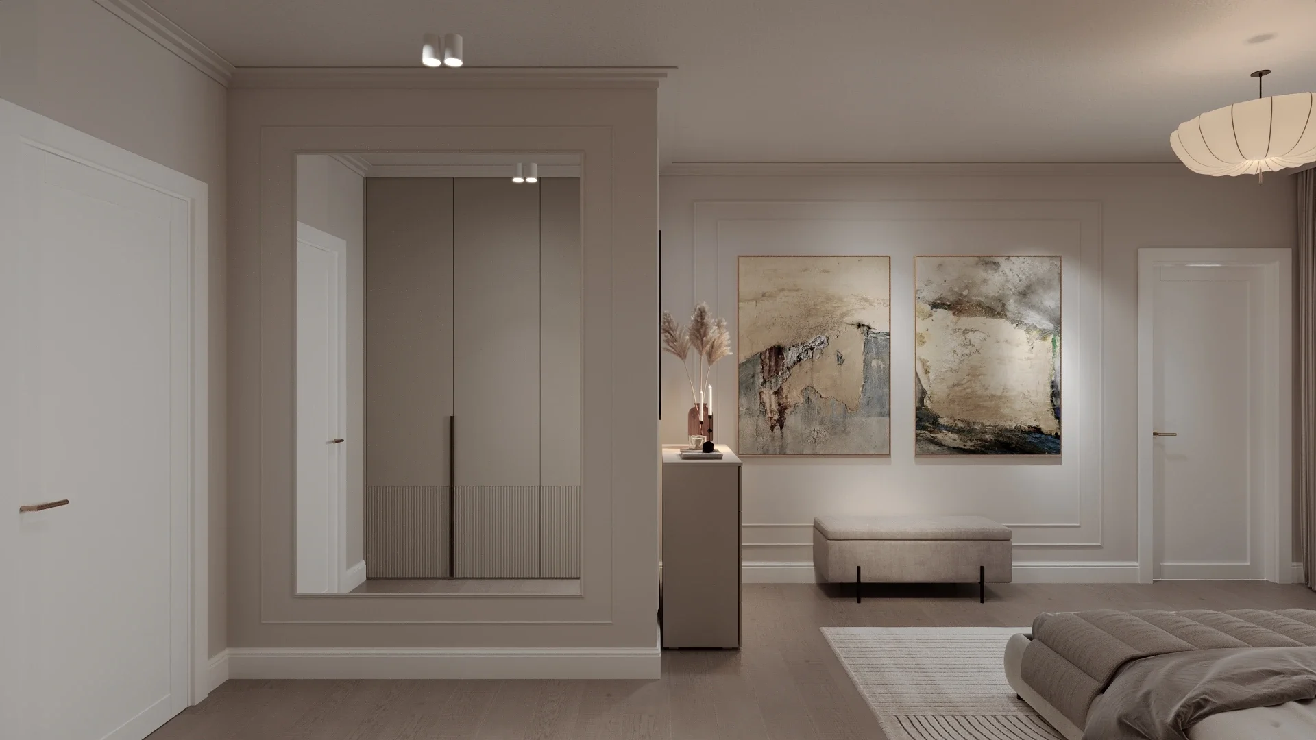 Design interior Cluj pentru dormitor contemporan cu dressing integrat și iluminat indirect