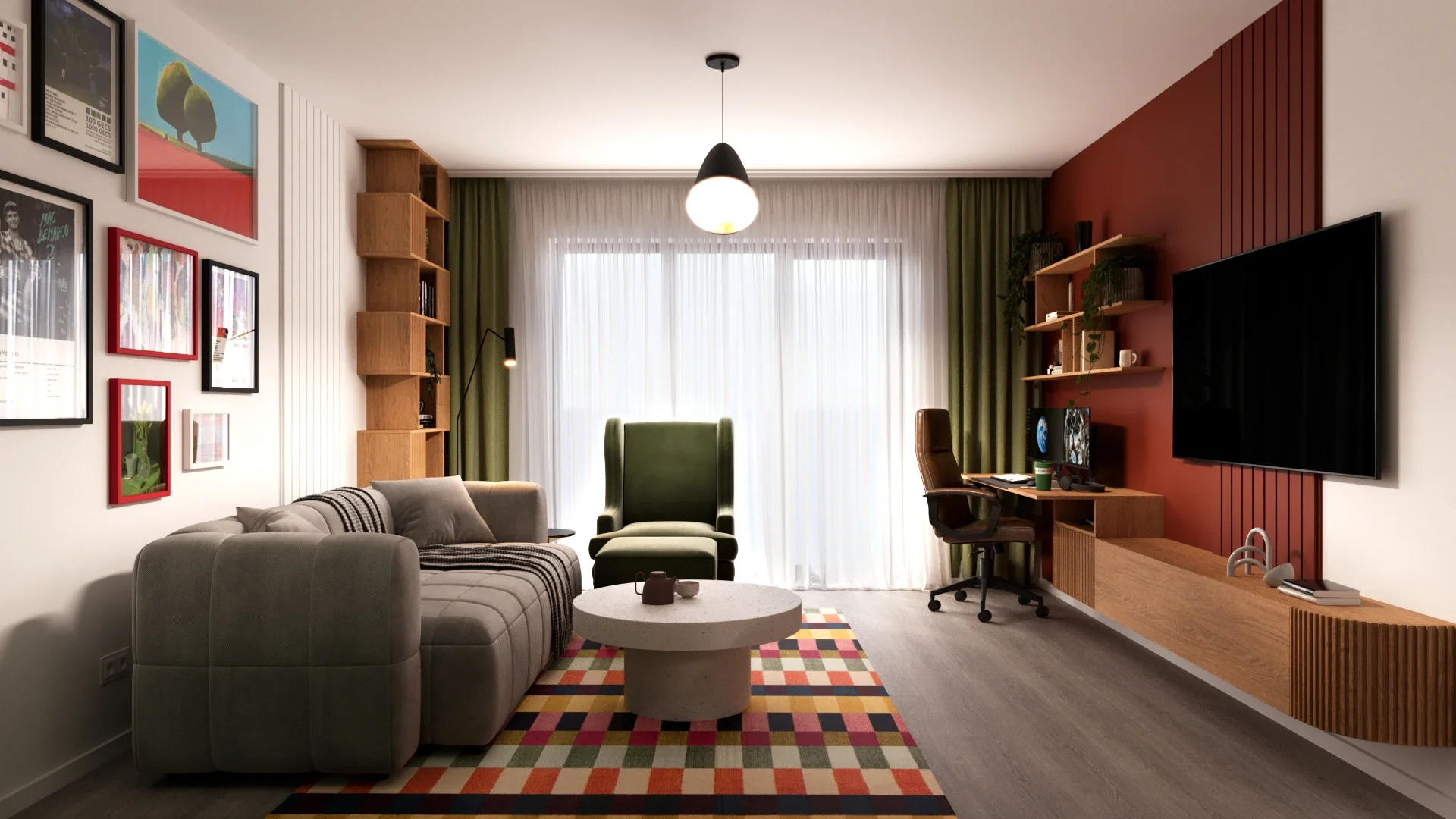 Living modern cu paletă cromatică caldă și atmosferă urbană relaxată