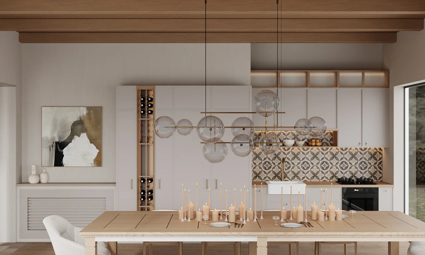 Zonă de dining contemporană cu mobilier premium și lumină naturală amplă.