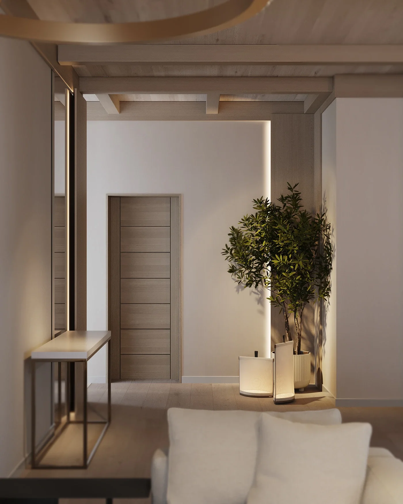 Design interior contemporan pentru living cu proporții echilibrate și lumină caldă.