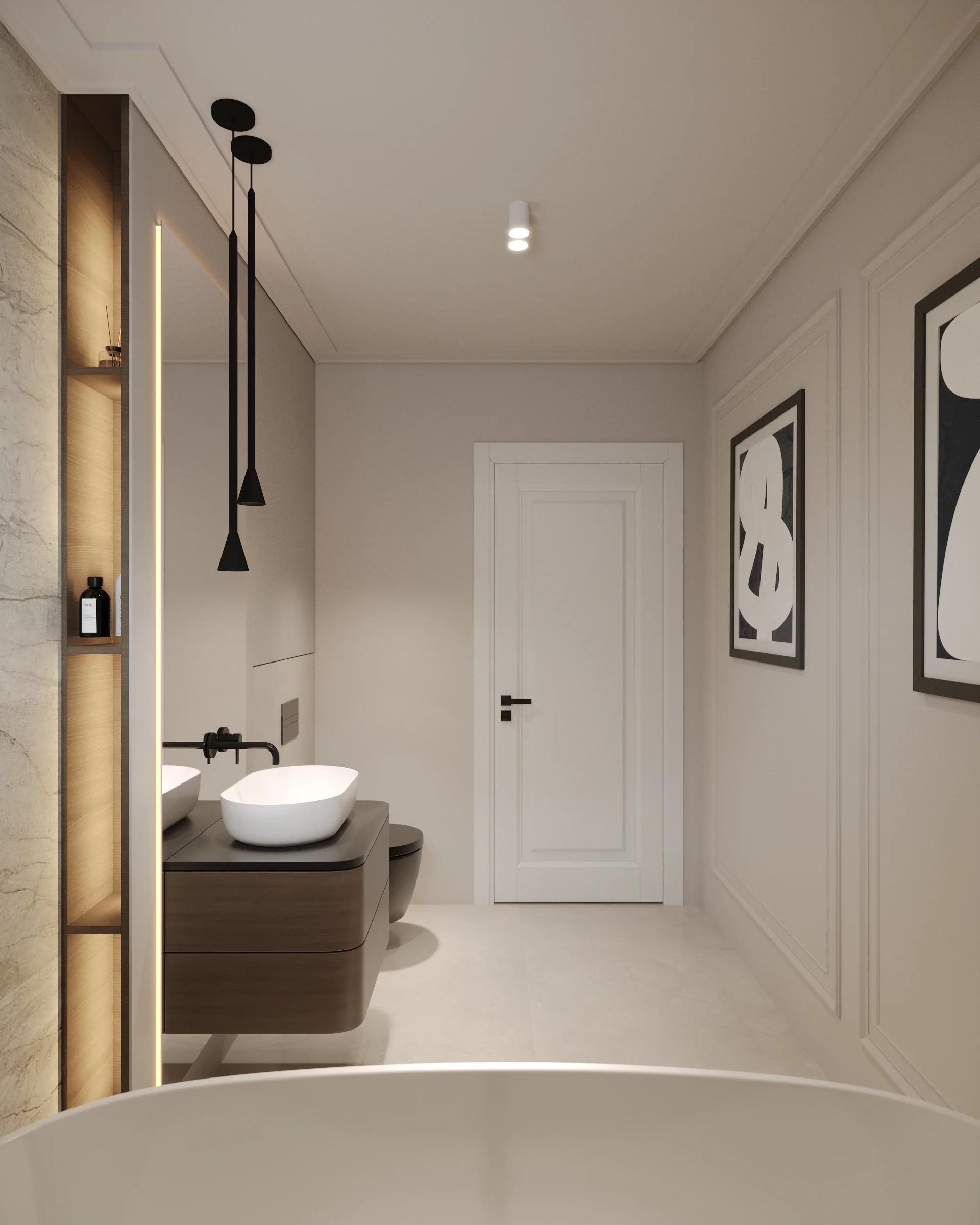 Lavoar suspendat și corp pendant într-o baie contemporană amenajată de ALTO Design