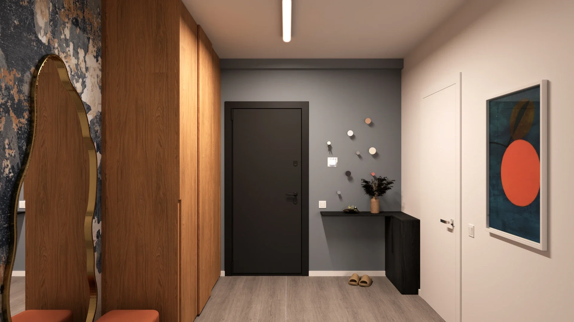 Design interior pentru hol compact cu atmosferă modernă și luminoasă