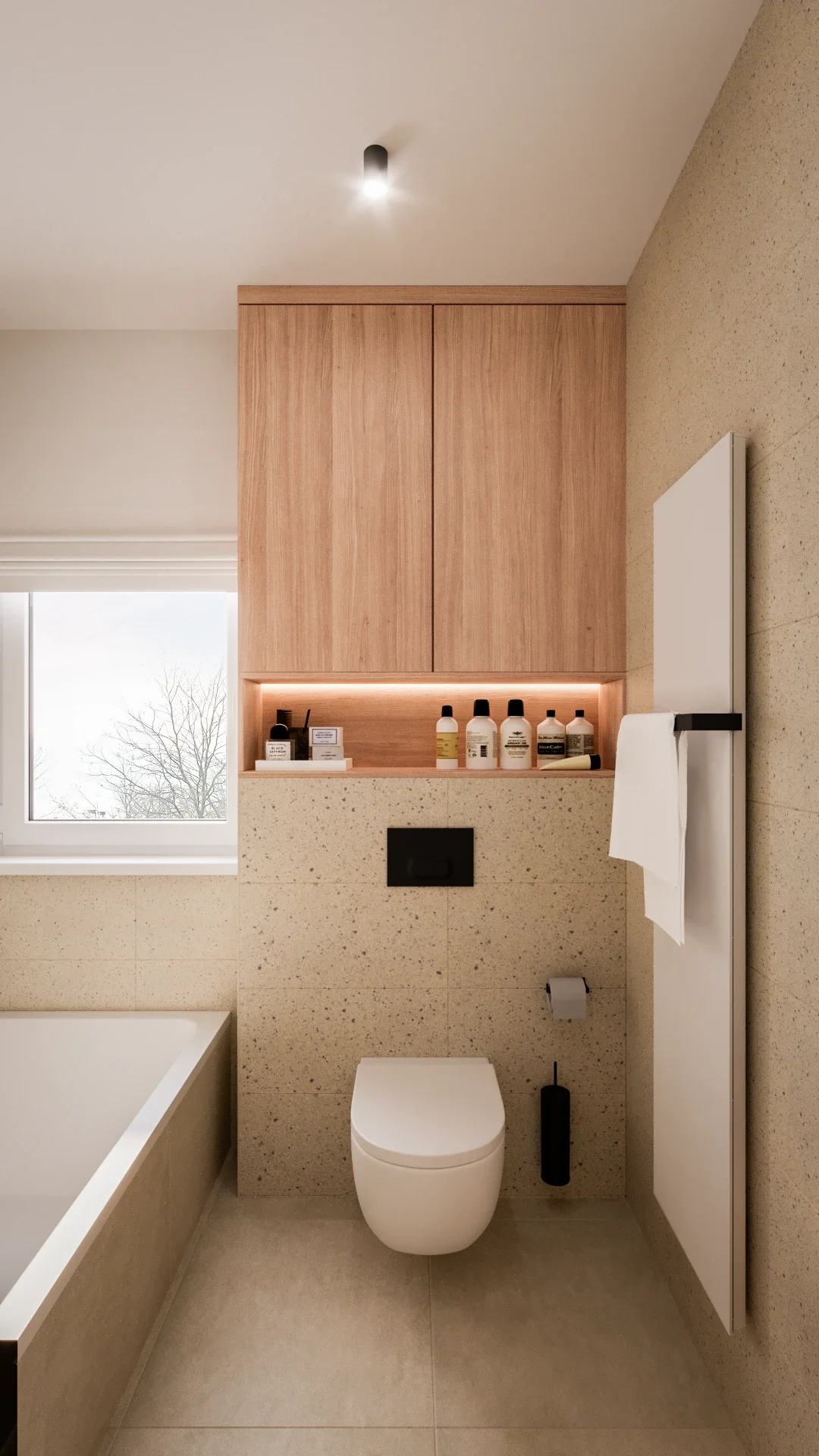 Design interior pentru baie cu forme curate și materiale naturale sofisticate

