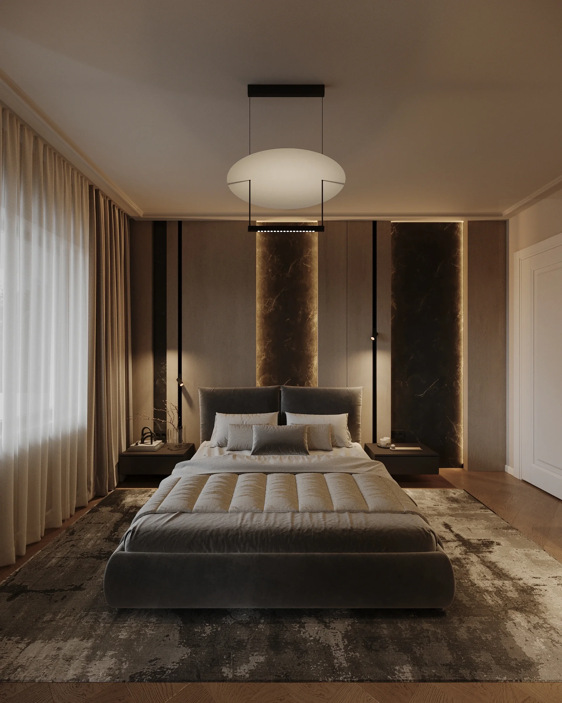 Dormitor matrimonial cu placări din lemn și marmură — proiect de design interior Cluj