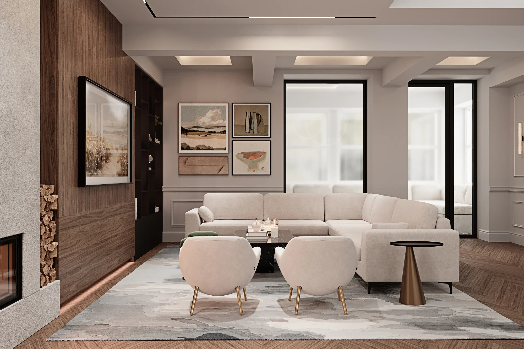 Design interior Cluj - Zonă de living cu parchet chevron, canapele modulare și accente din lemn natural — Casa D.G.