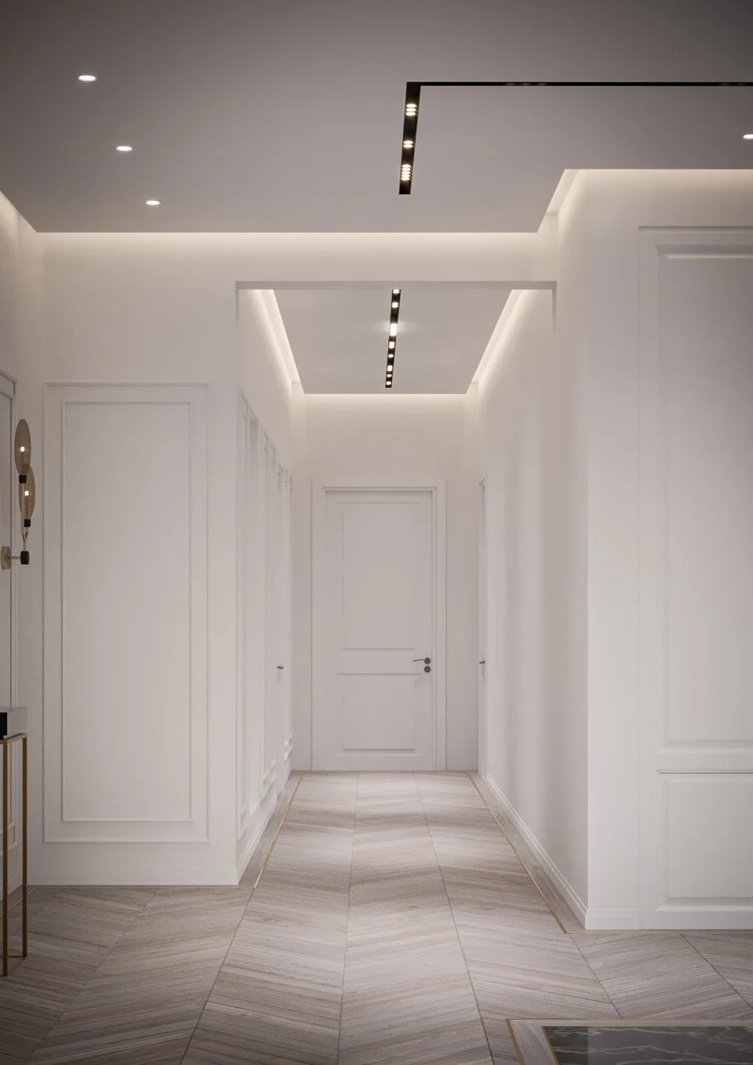 Design interior pentru zonă de circulație cu detalii neoclasice și compoziții simetrice