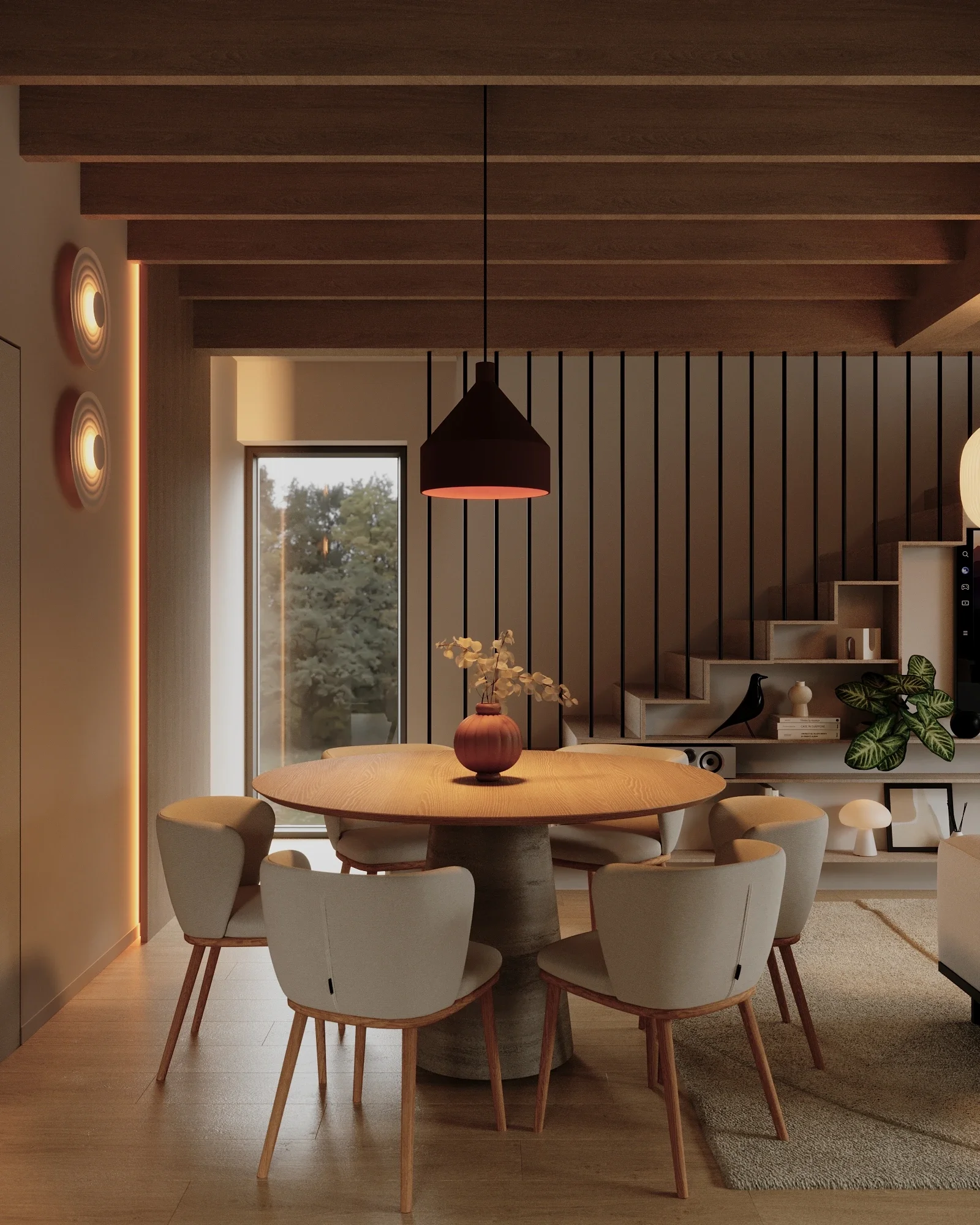 Zonă de dining cu masă minimalistă și structură CLT aparentă — proiect ALTO Design