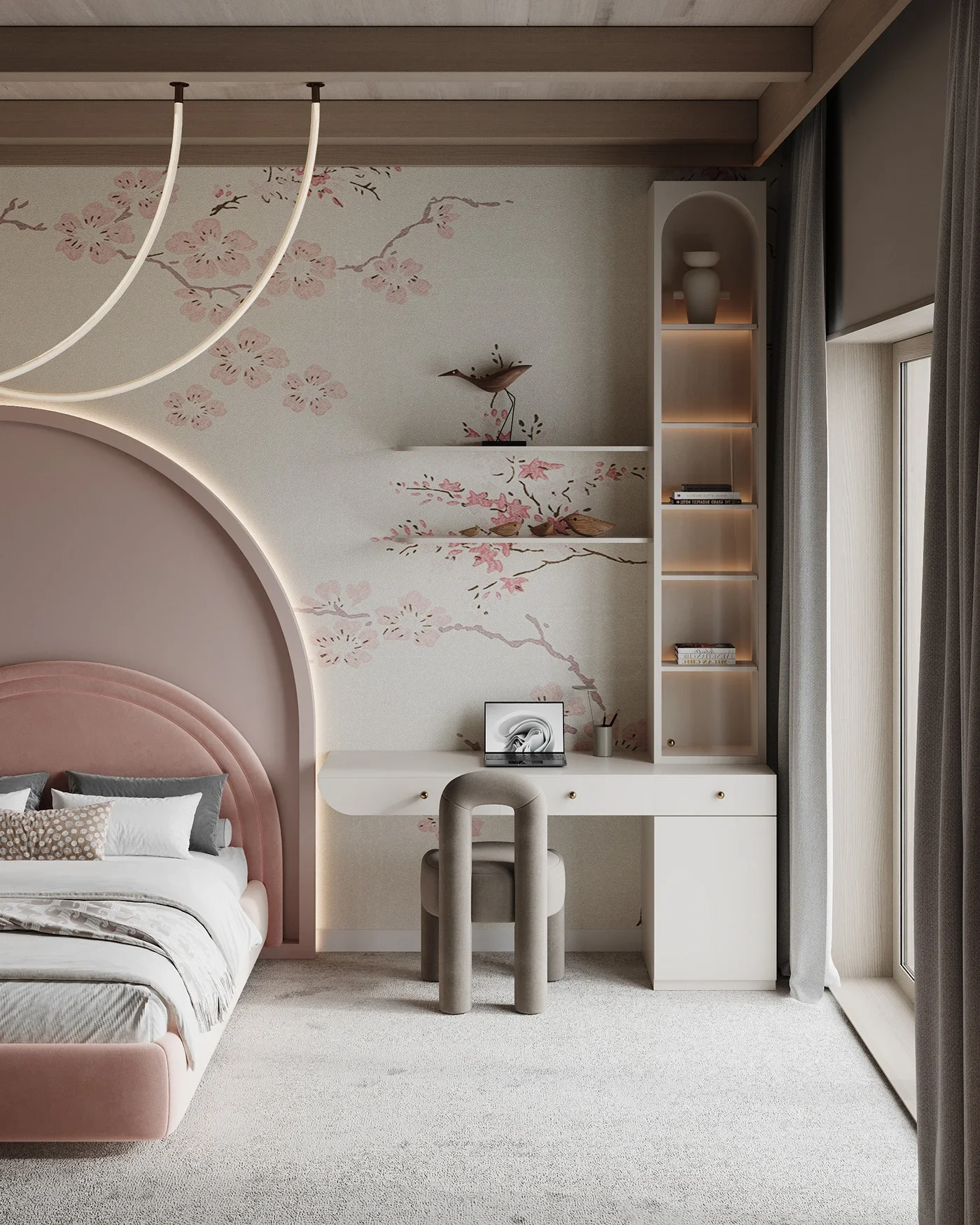 Design interior luxury pentru cameră copil cu detalii feminine și iluminare ambientală.