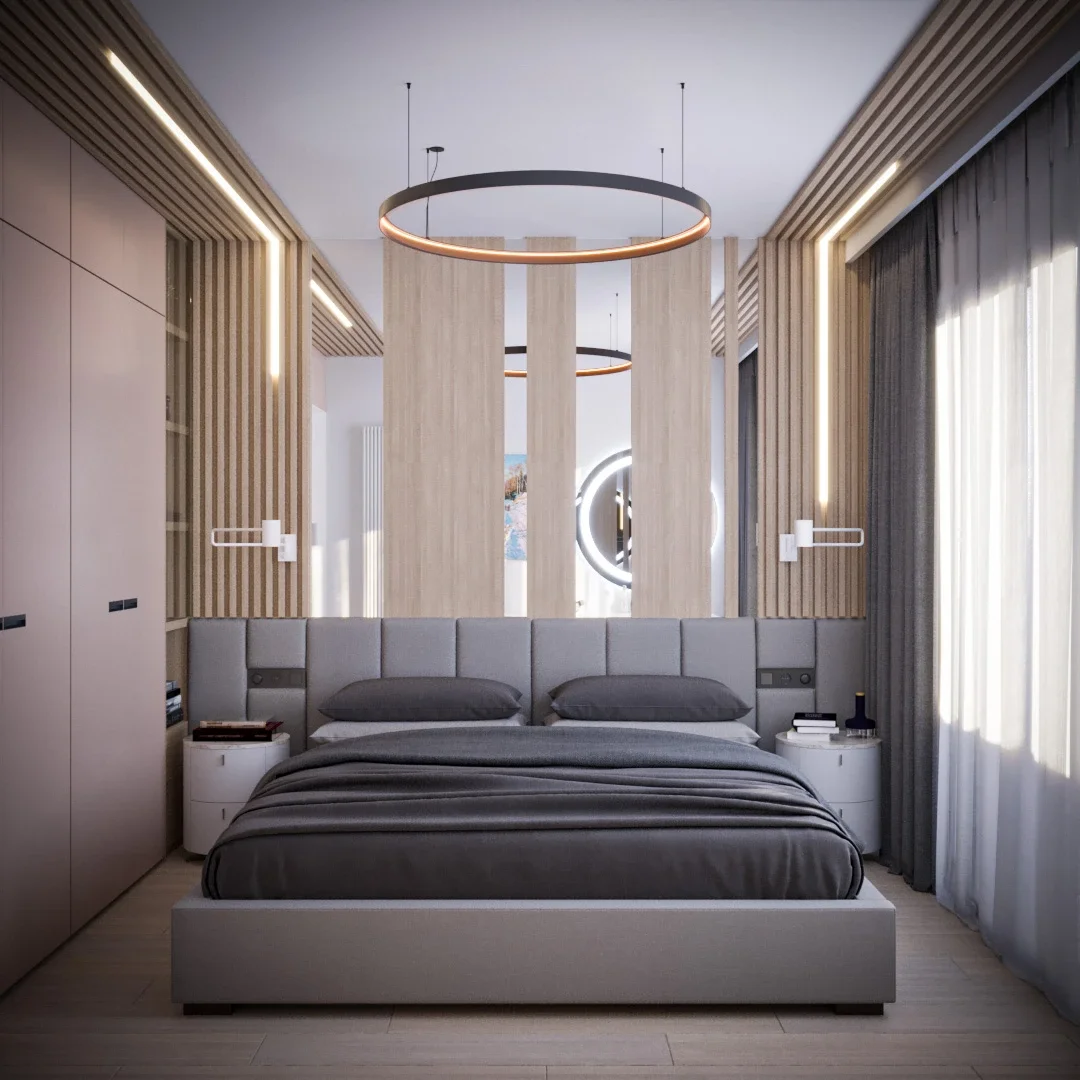 Design interior Cluj dormitor modern cu accente din lemn și iluminat ambiental
